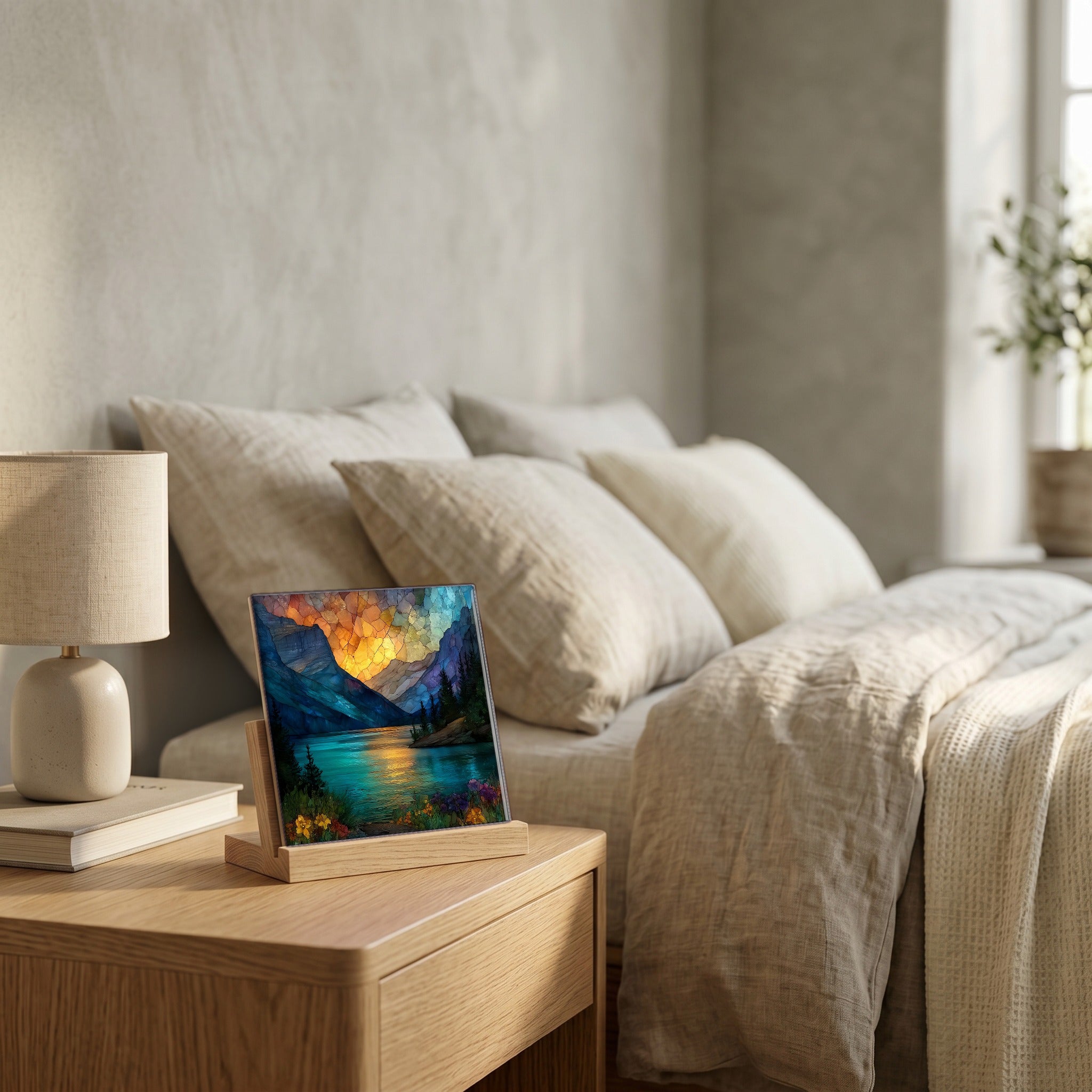On the nightstand, catching the morning.