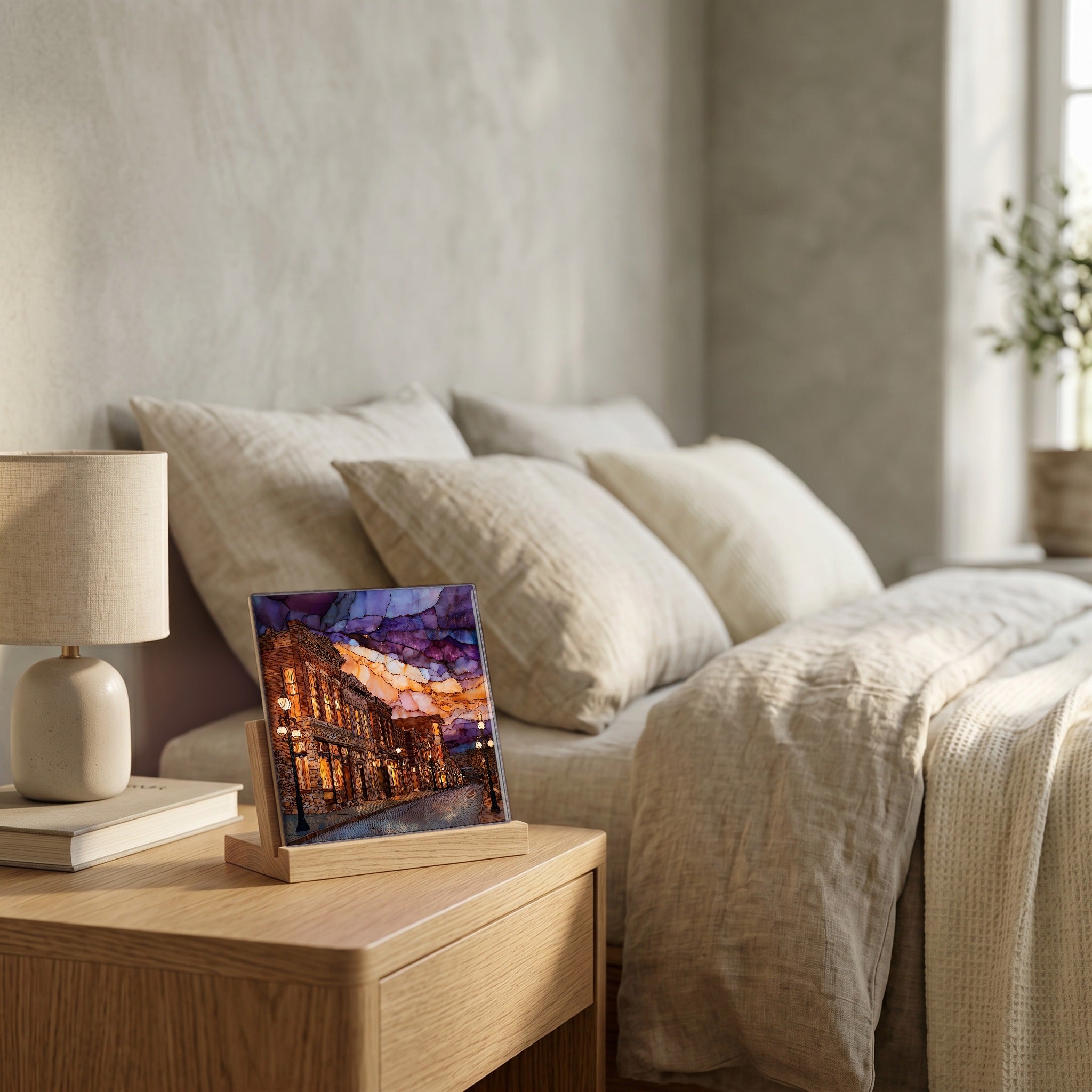On the nightstand, catching the morning.