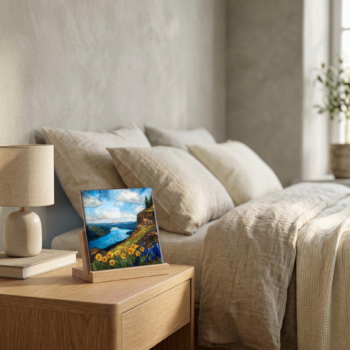 On the nightstand, catching the morning.