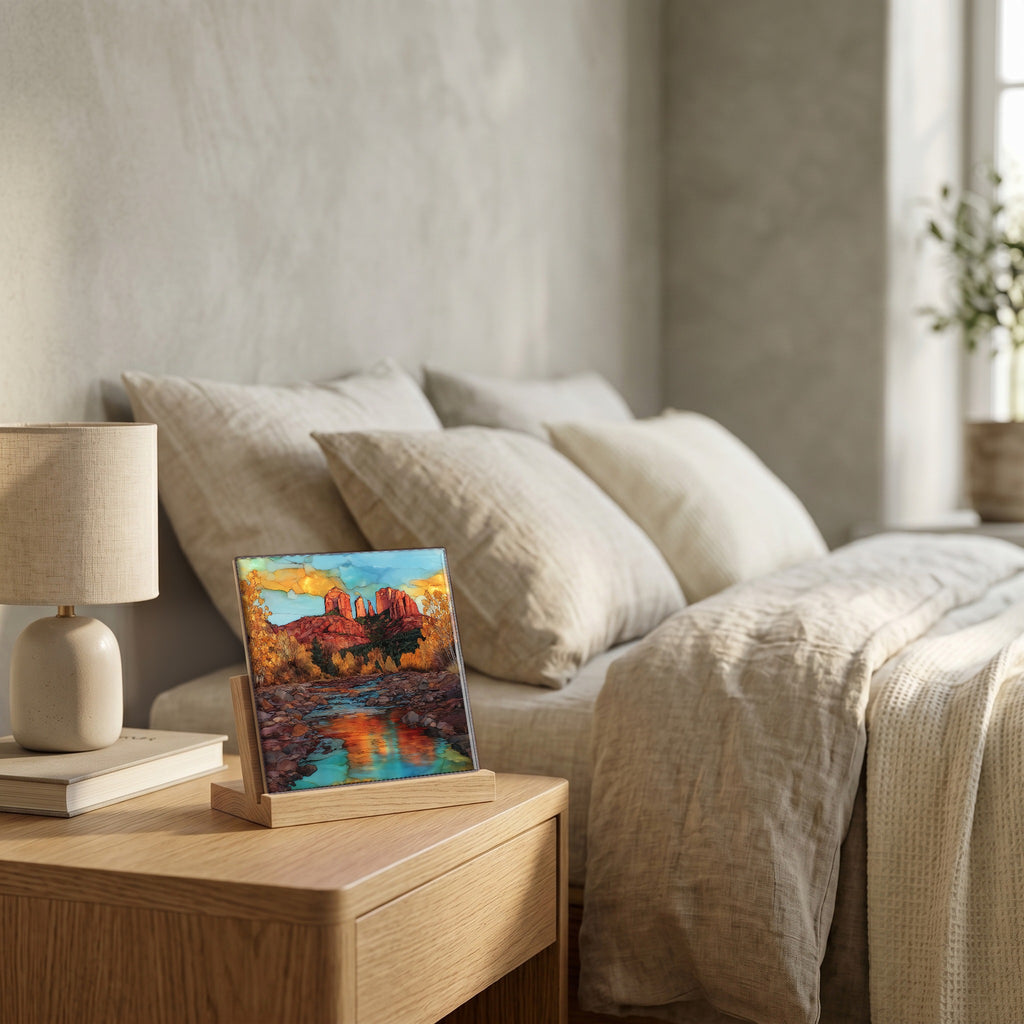 On the nightstand, catching the morning.