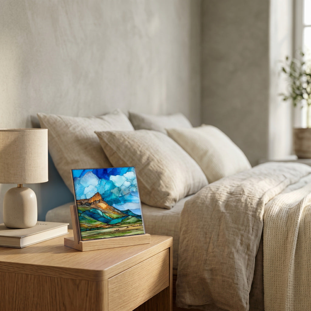 On the nightstand, catching the morning.