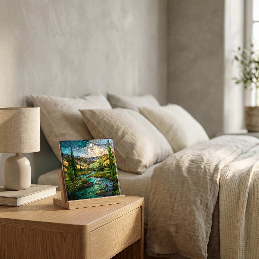 On the nightstand, catching the morning.