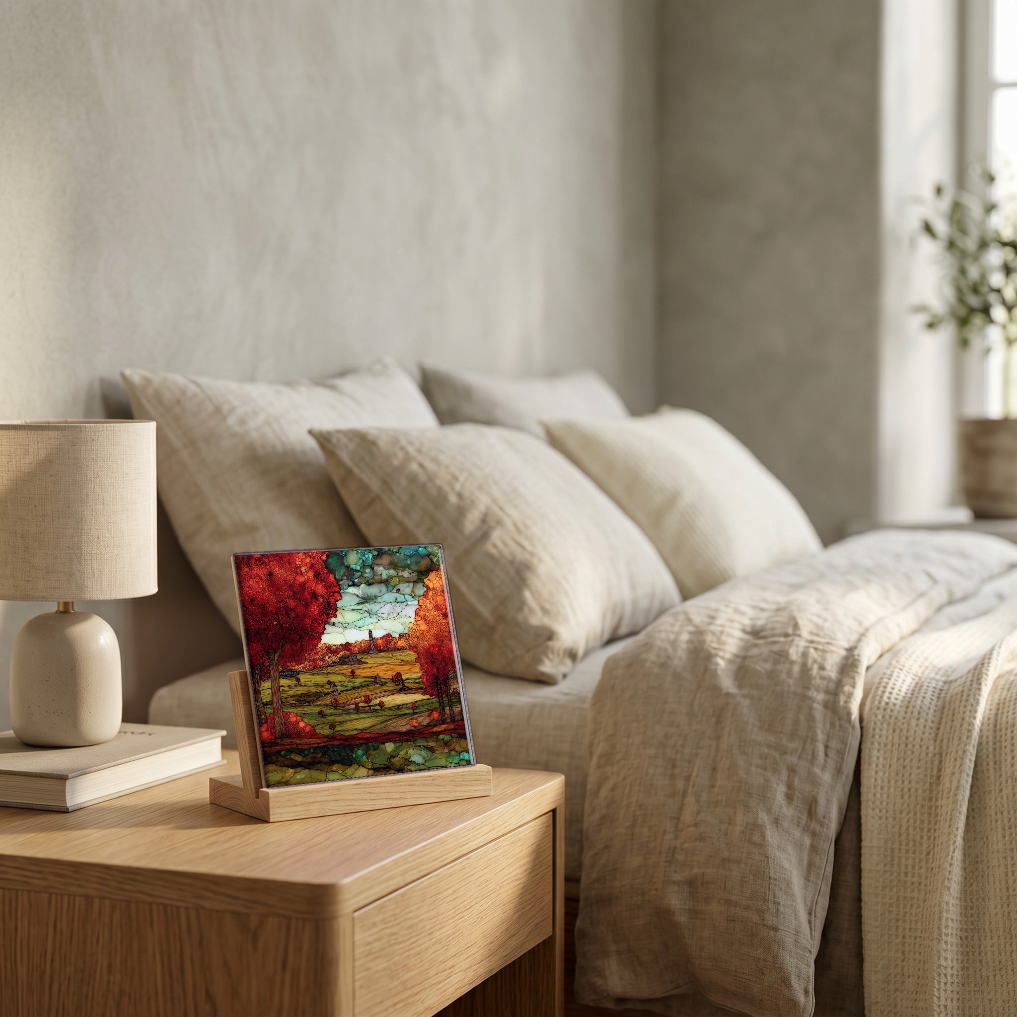 On the nightstand, catching the morning.