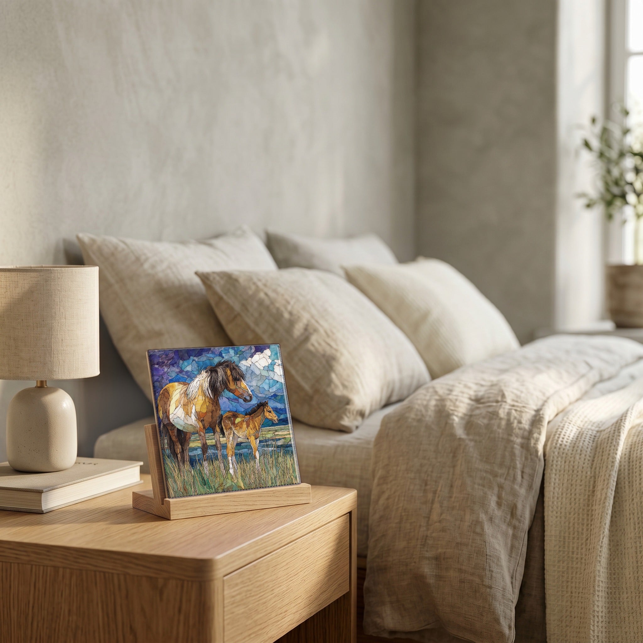On the nightstand, catching the morning.