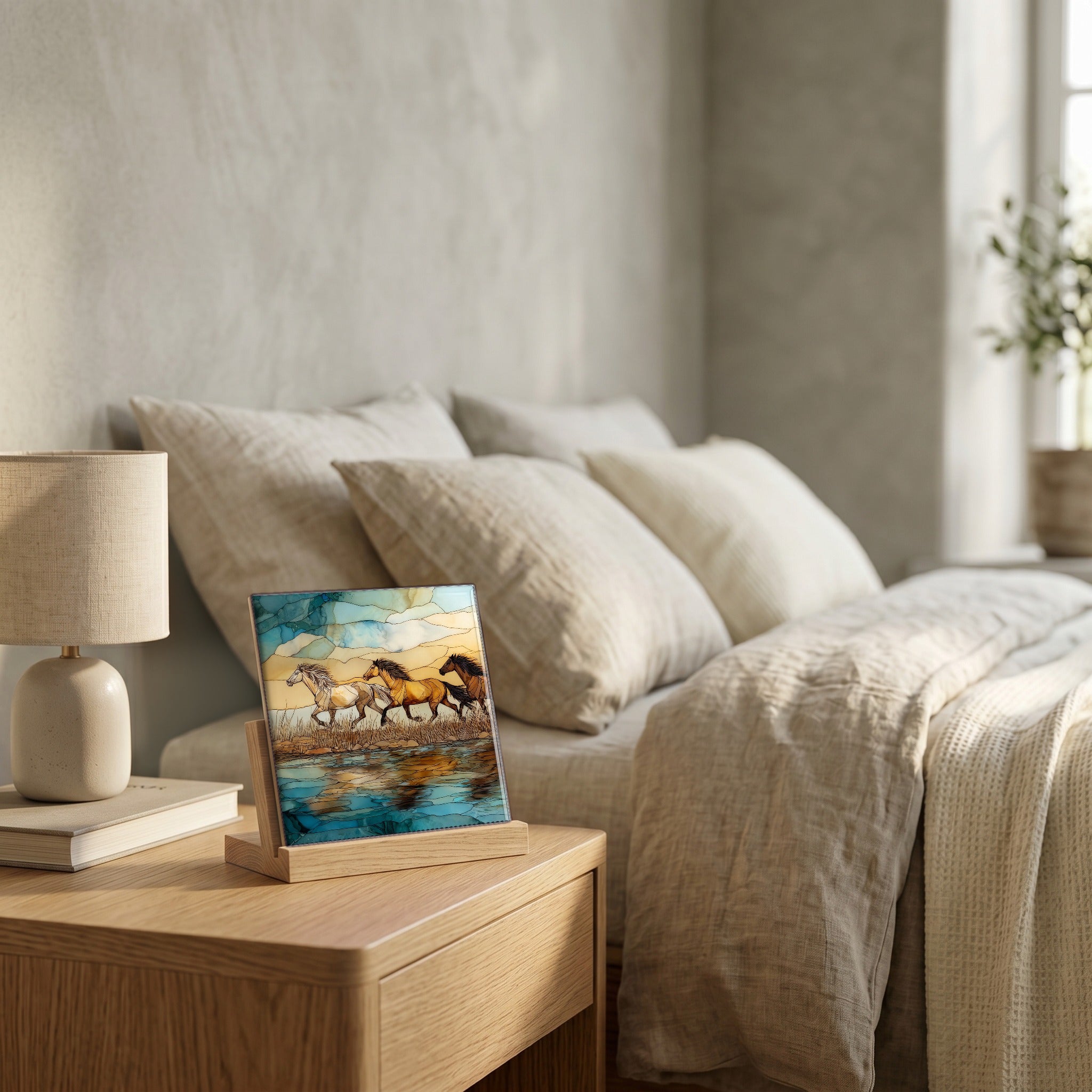 On the nightstand, catching the morning.