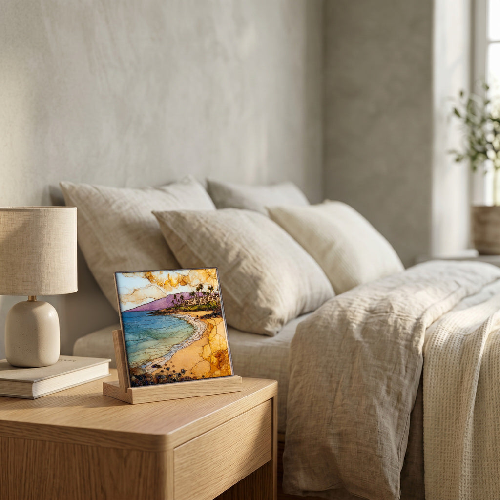 On the nightstand, on a light oak stand.