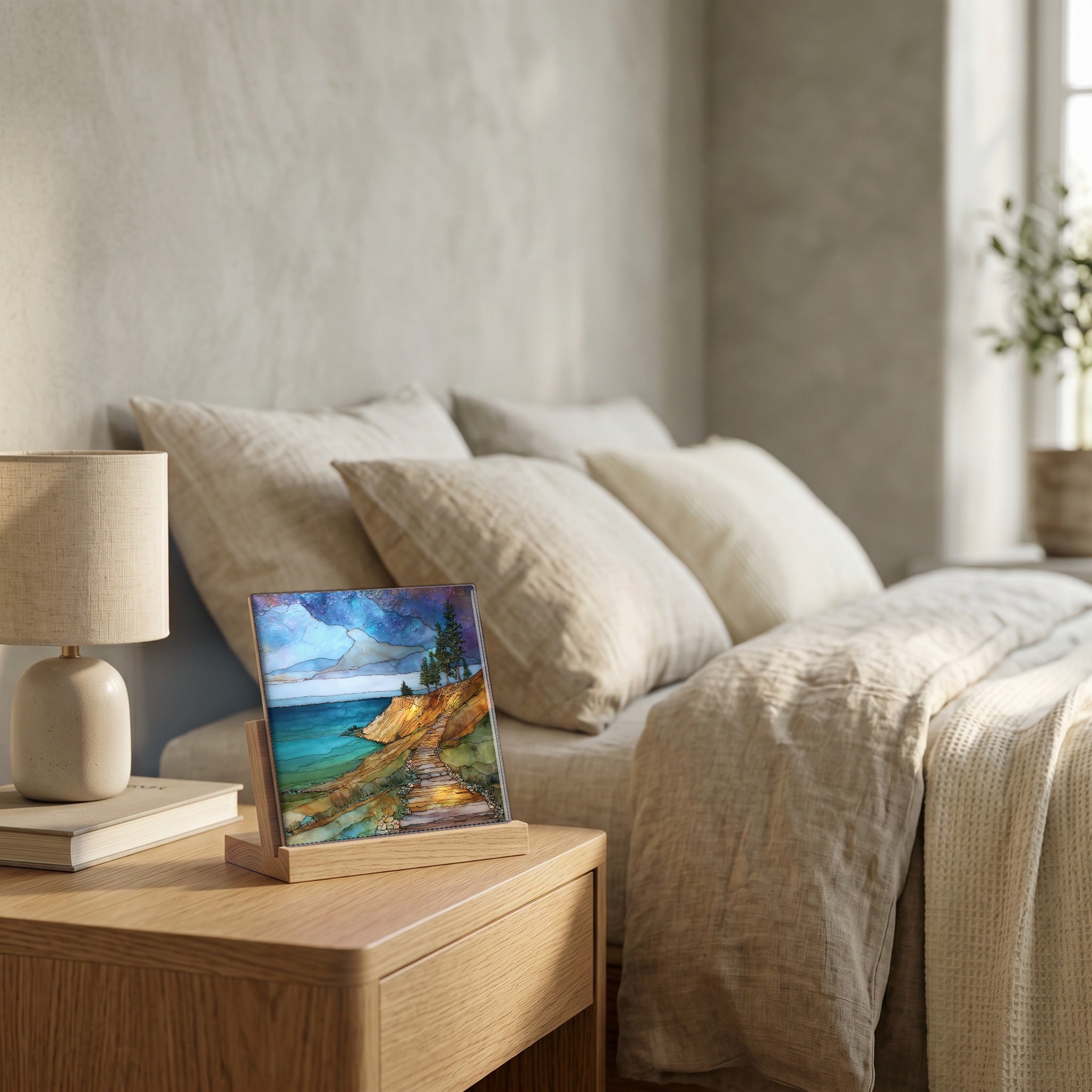 On the nightstand, catching the morning.