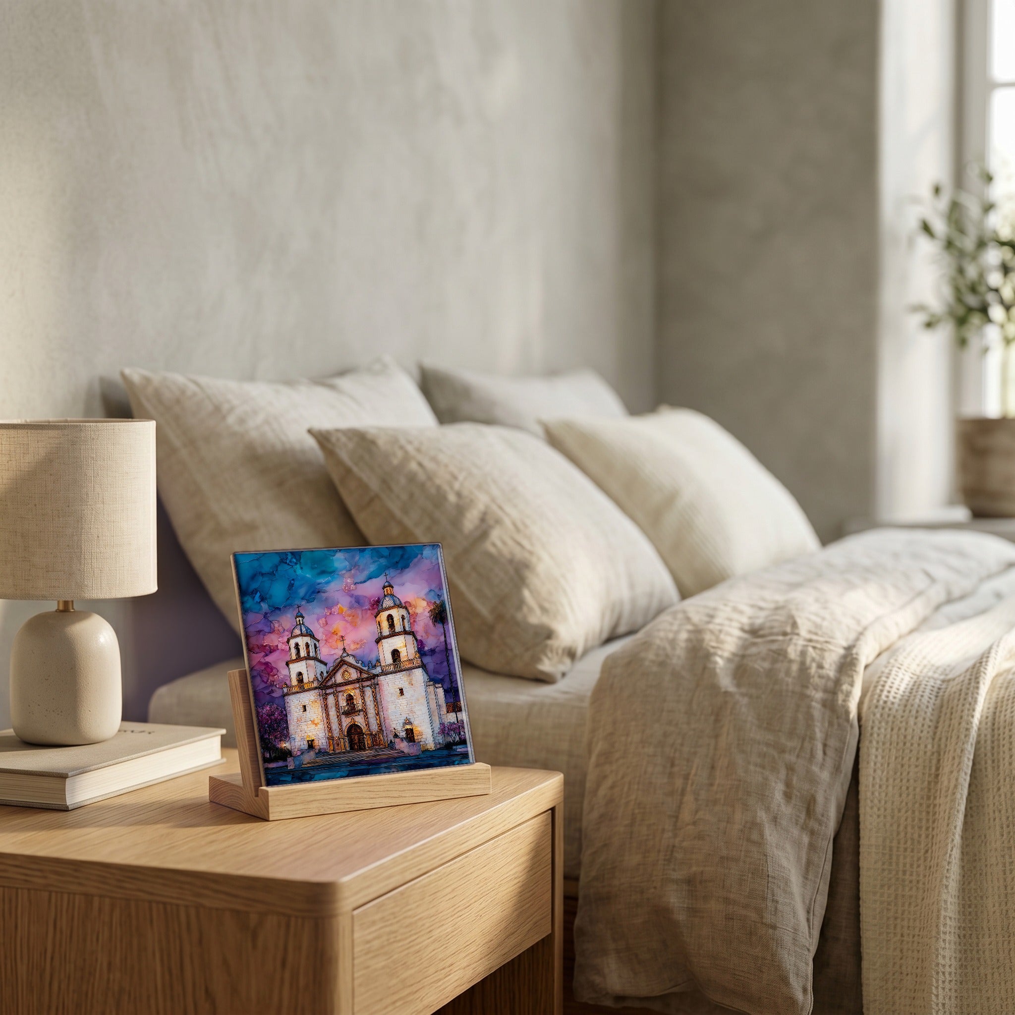 On the nightstand, catching the morning.