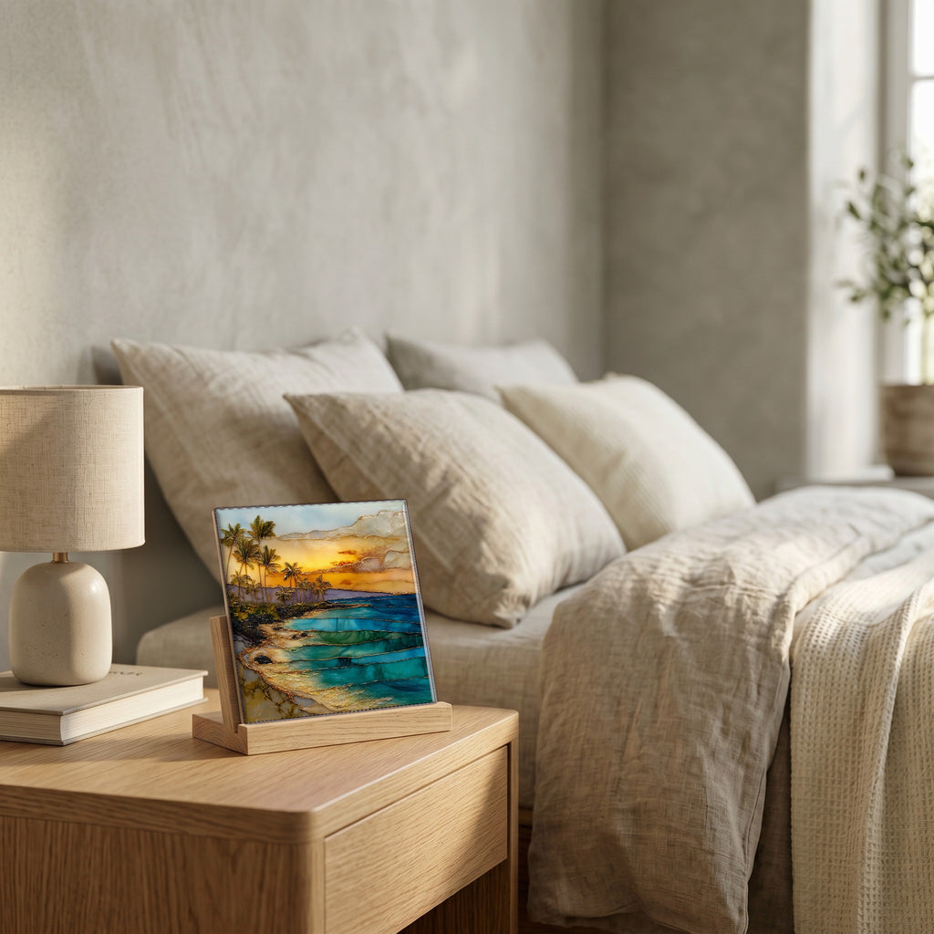 On the nightstand, on a light oak stand.