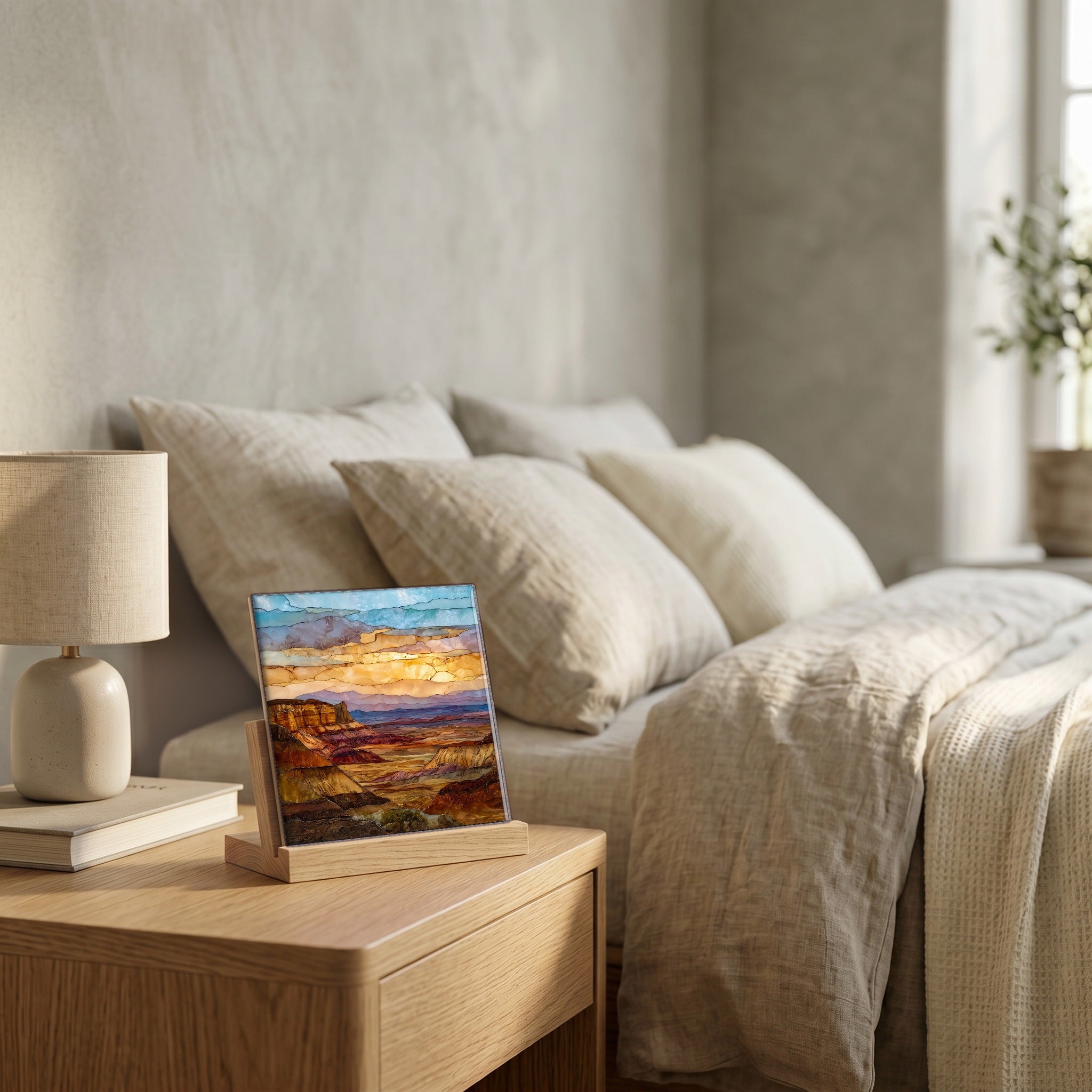 On the nightstand, catching the morning.