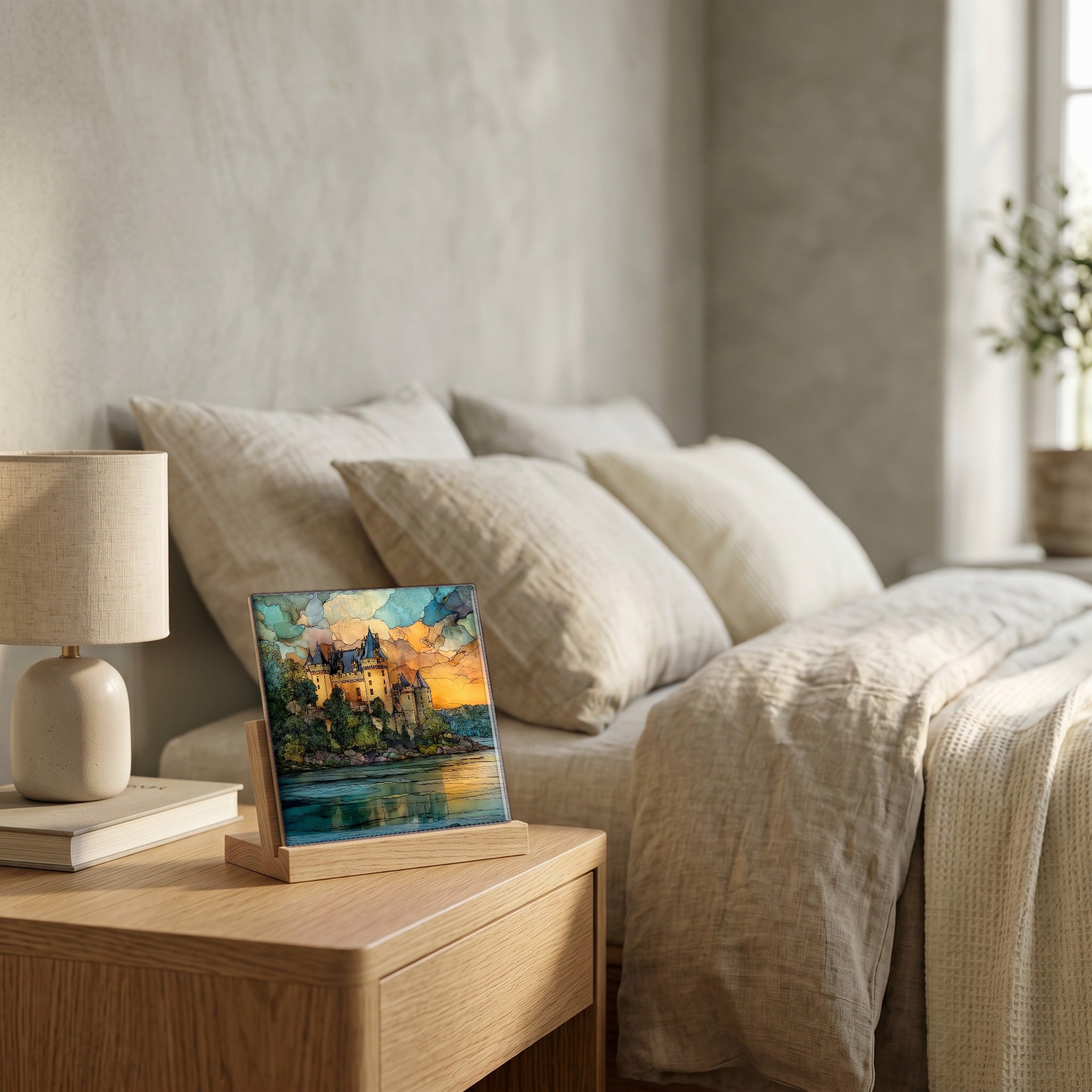 On the nightstand, on a light oak stand.