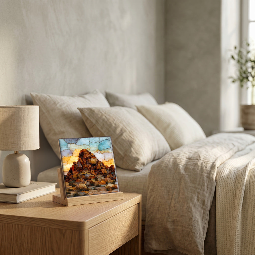 On the nightstand, catching the morning.