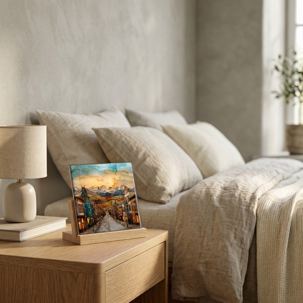 On the nightstand, on a light oak stand.