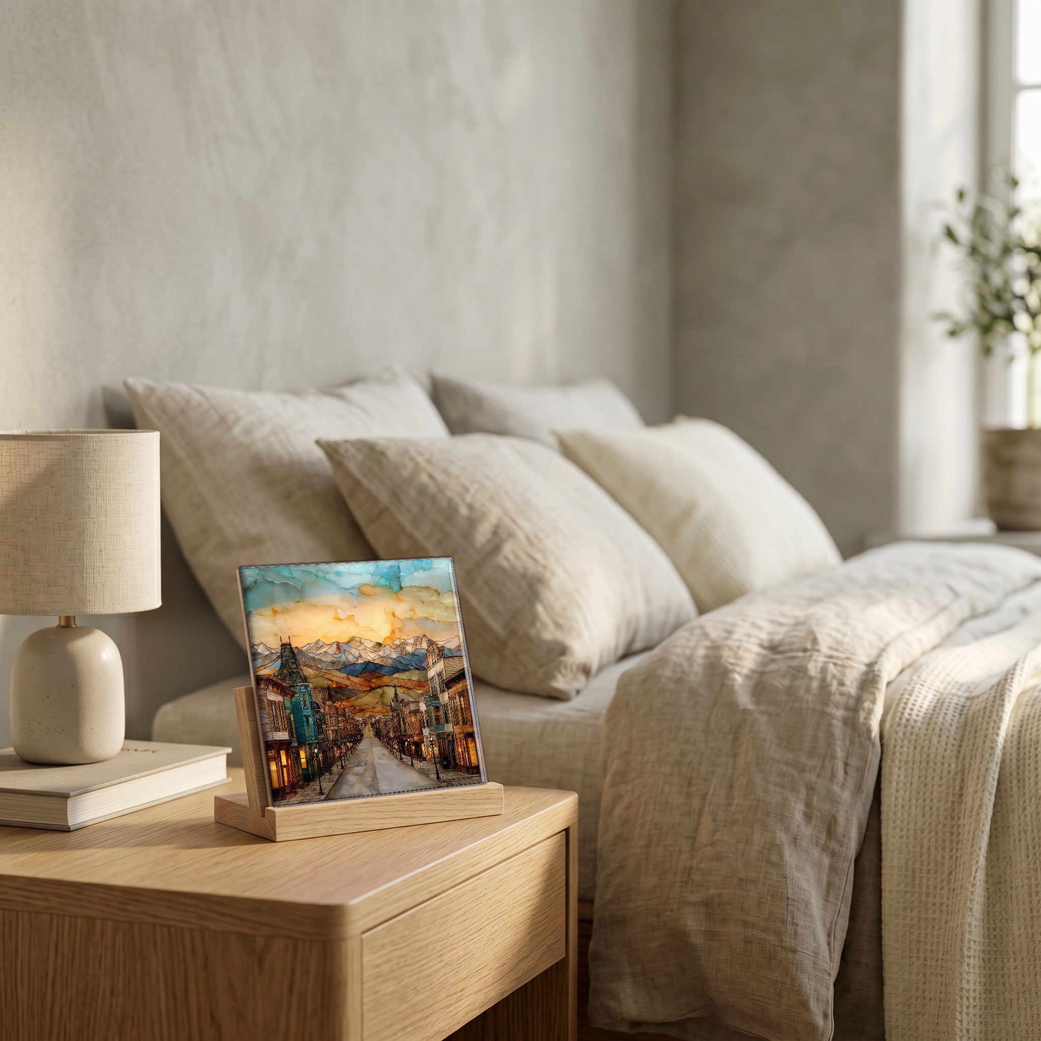 On the nightstand, on a light oak stand.