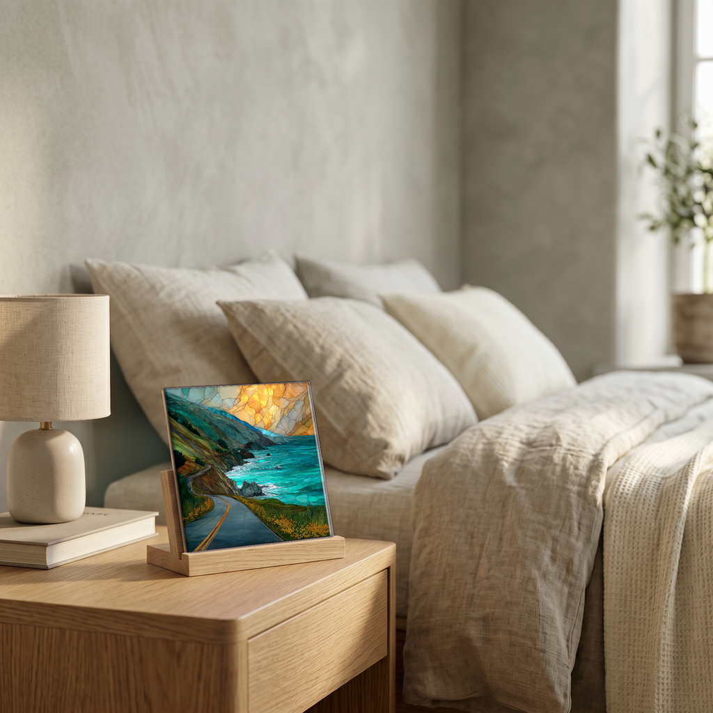 On the nightstand, on a light oak stand.