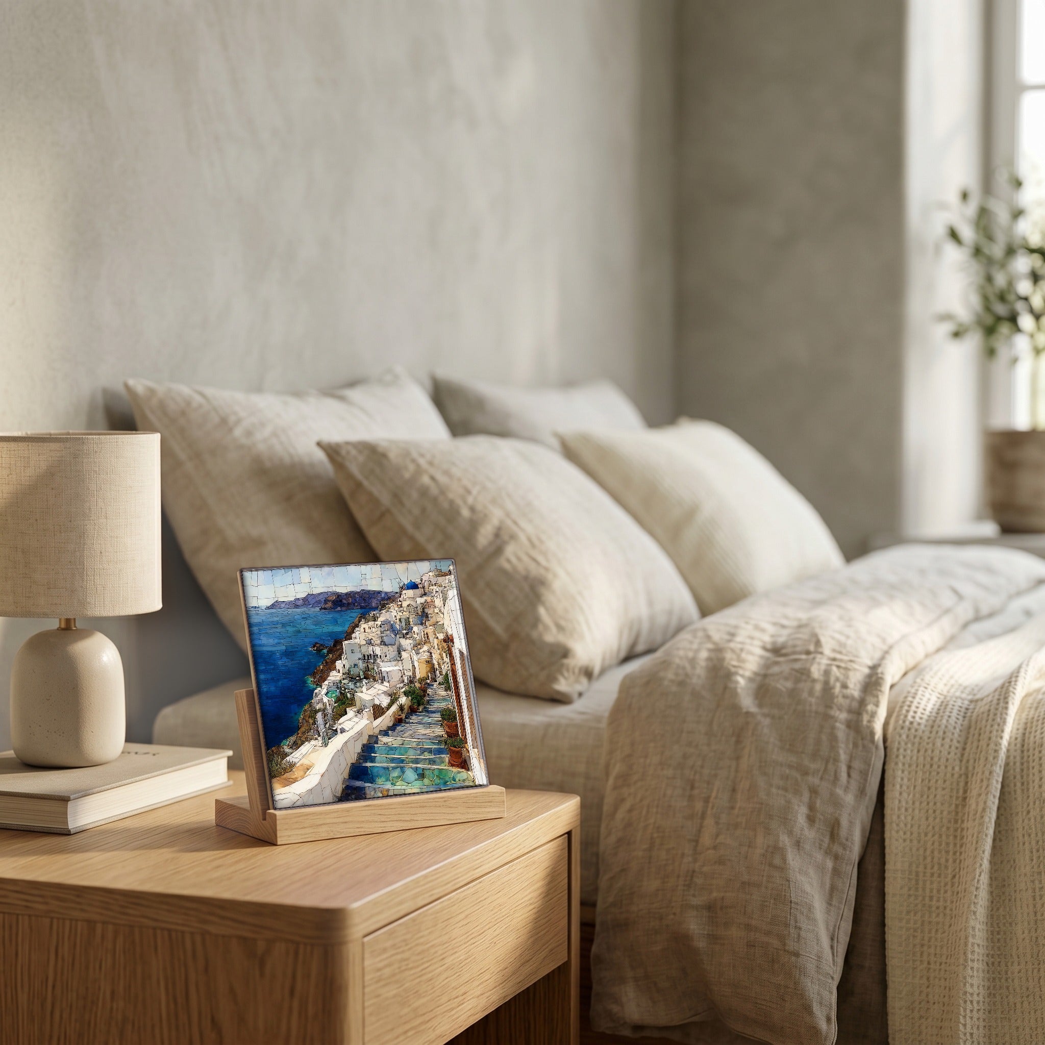 On the nightstand, catching the morning.