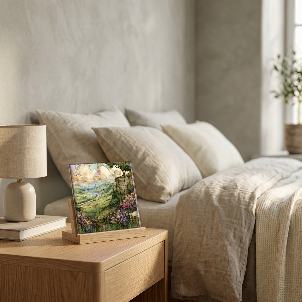 On the nightstand, catching the morning.