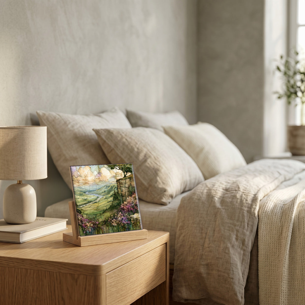 On the nightstand, catching the morning.