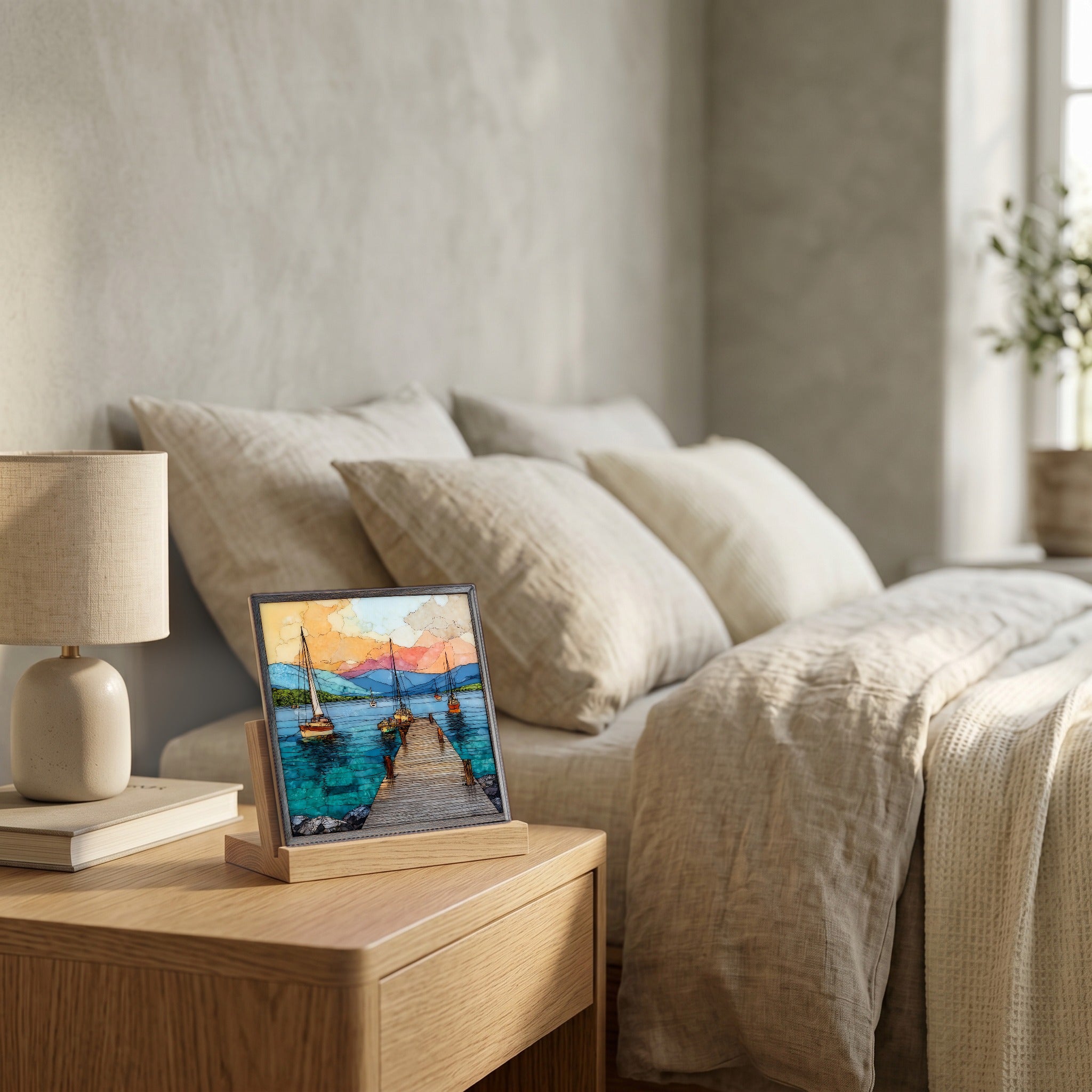 On the nightstand, catching the morning.