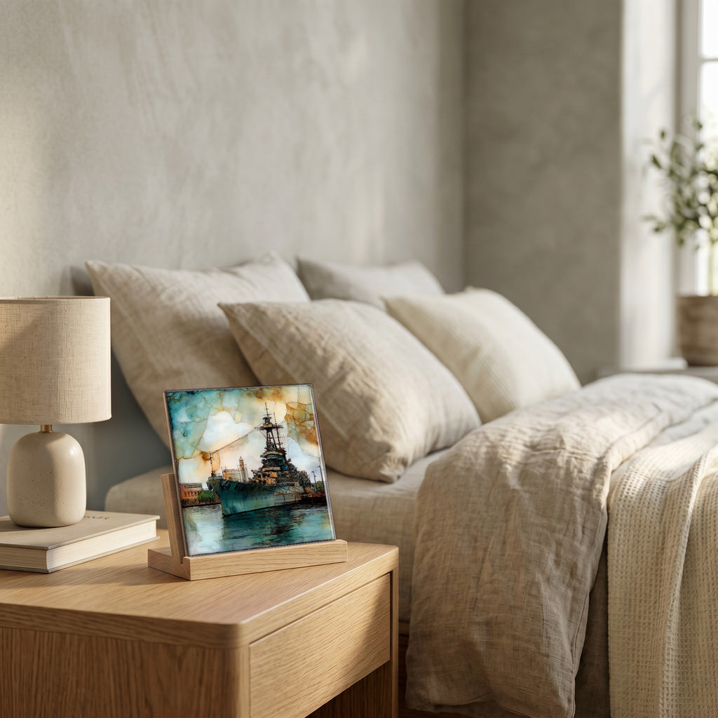 On the nightstand, catching the morning.