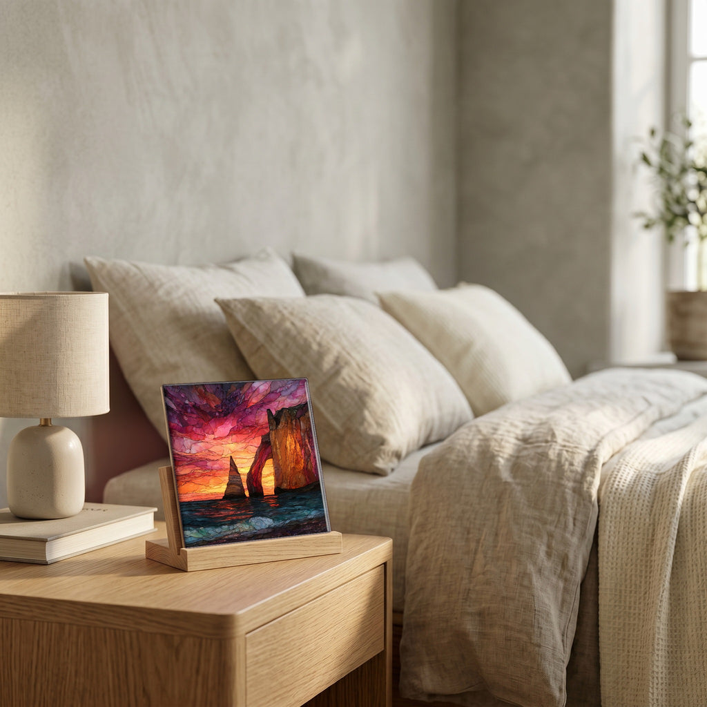On the nightstand, on a light oak stand.
