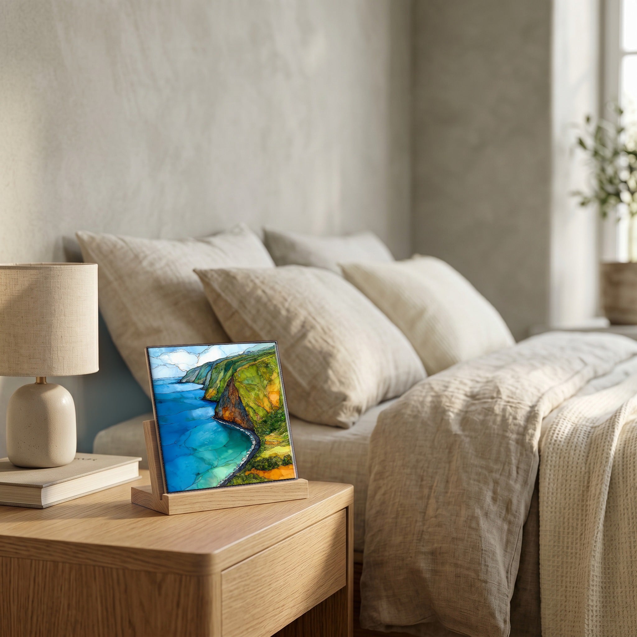 On the nightstand, on a light oak stand.