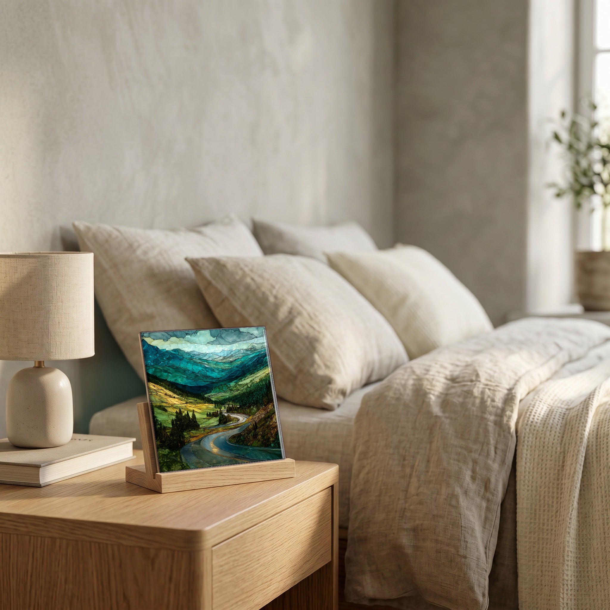 On the nightstand, catching the morning.