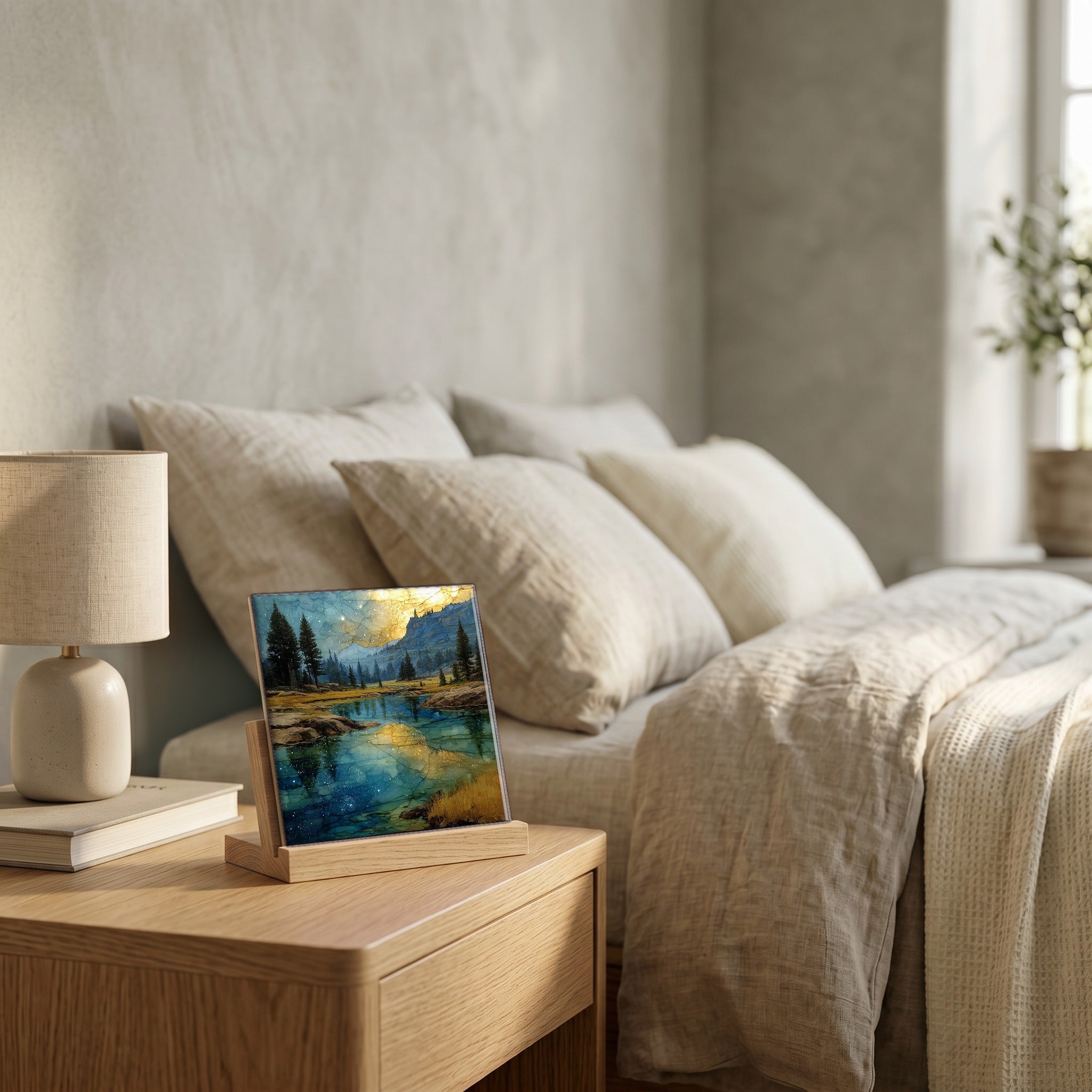 On the nightstand, catching the morning.