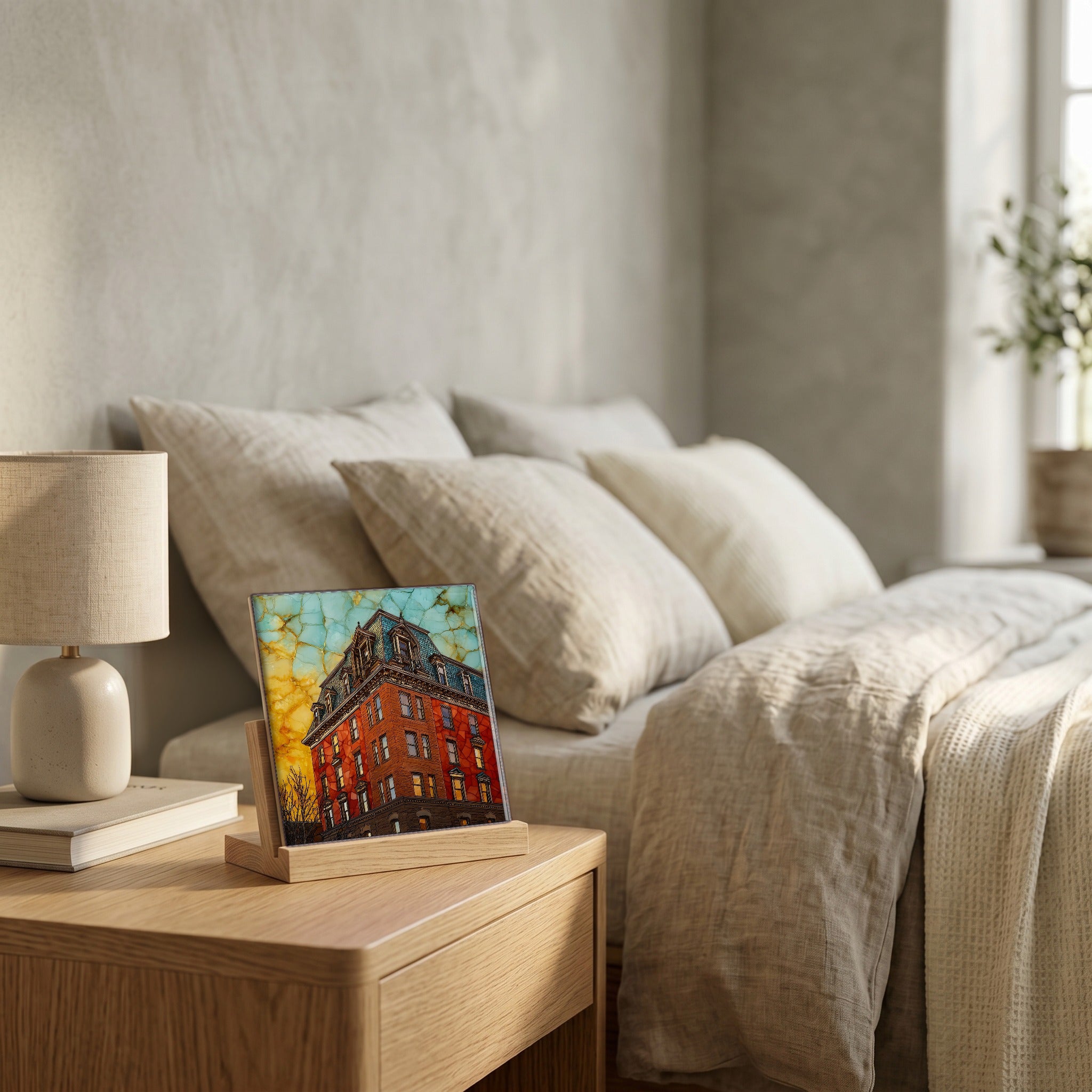 On the nightstand, on a light oak stand.