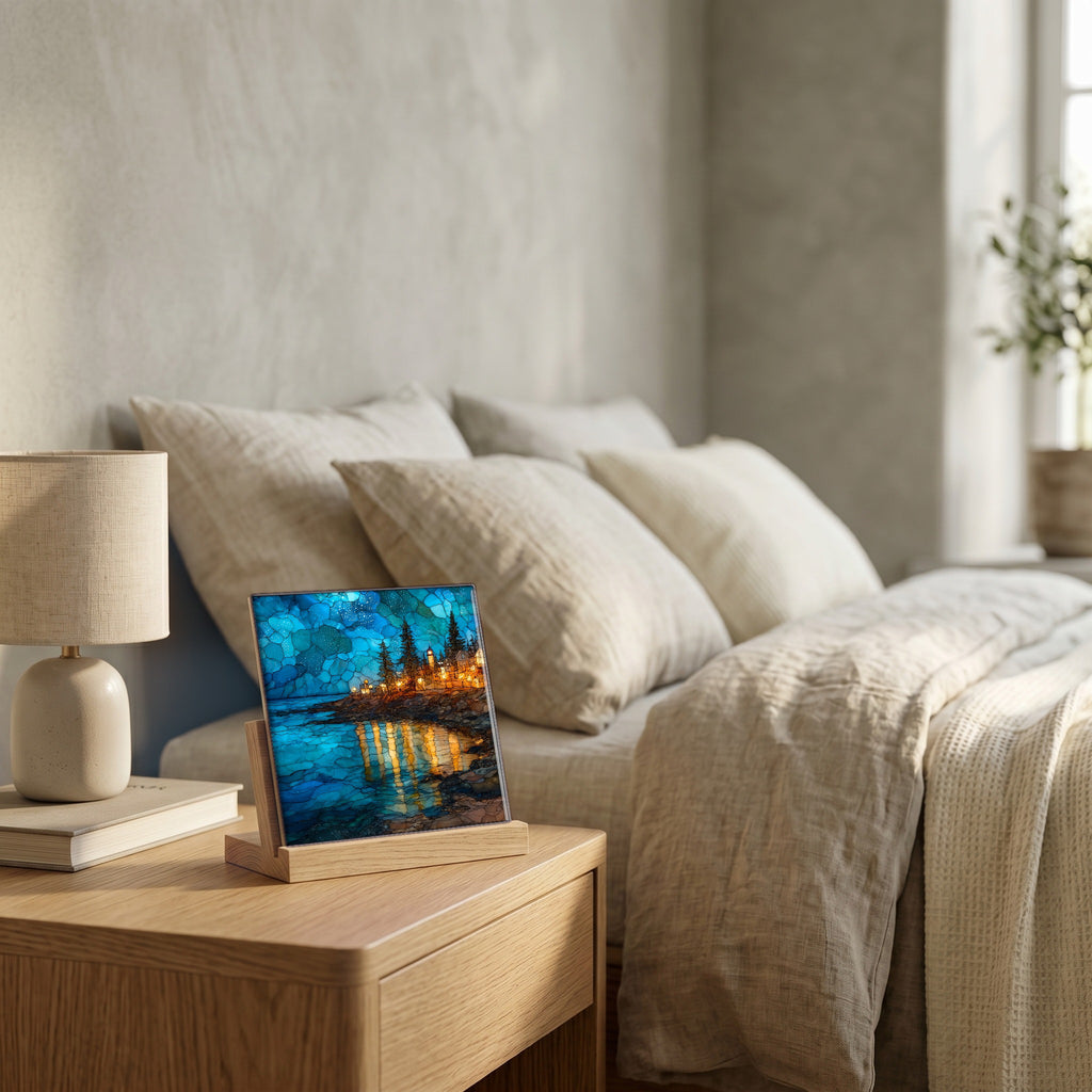On the nightstand, catching the morning.