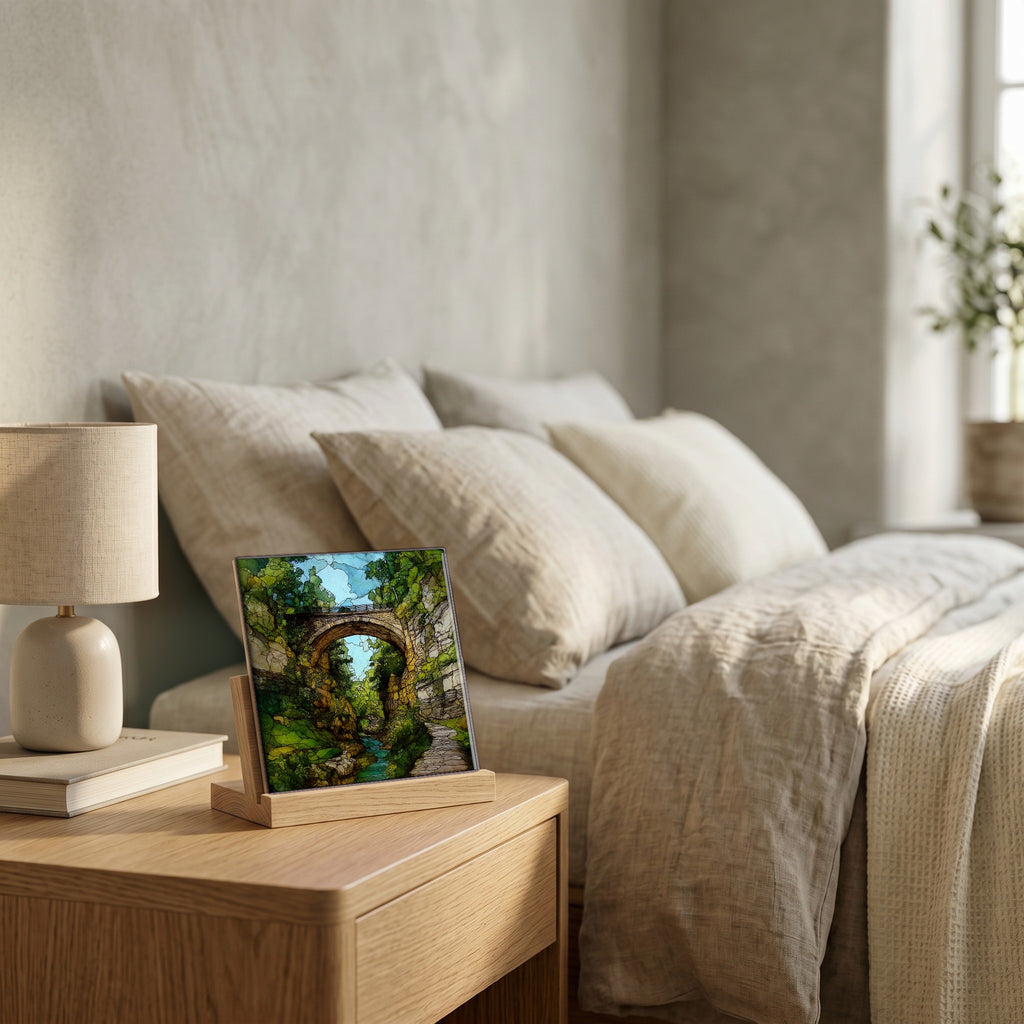 On the nightstand, catching the morning.