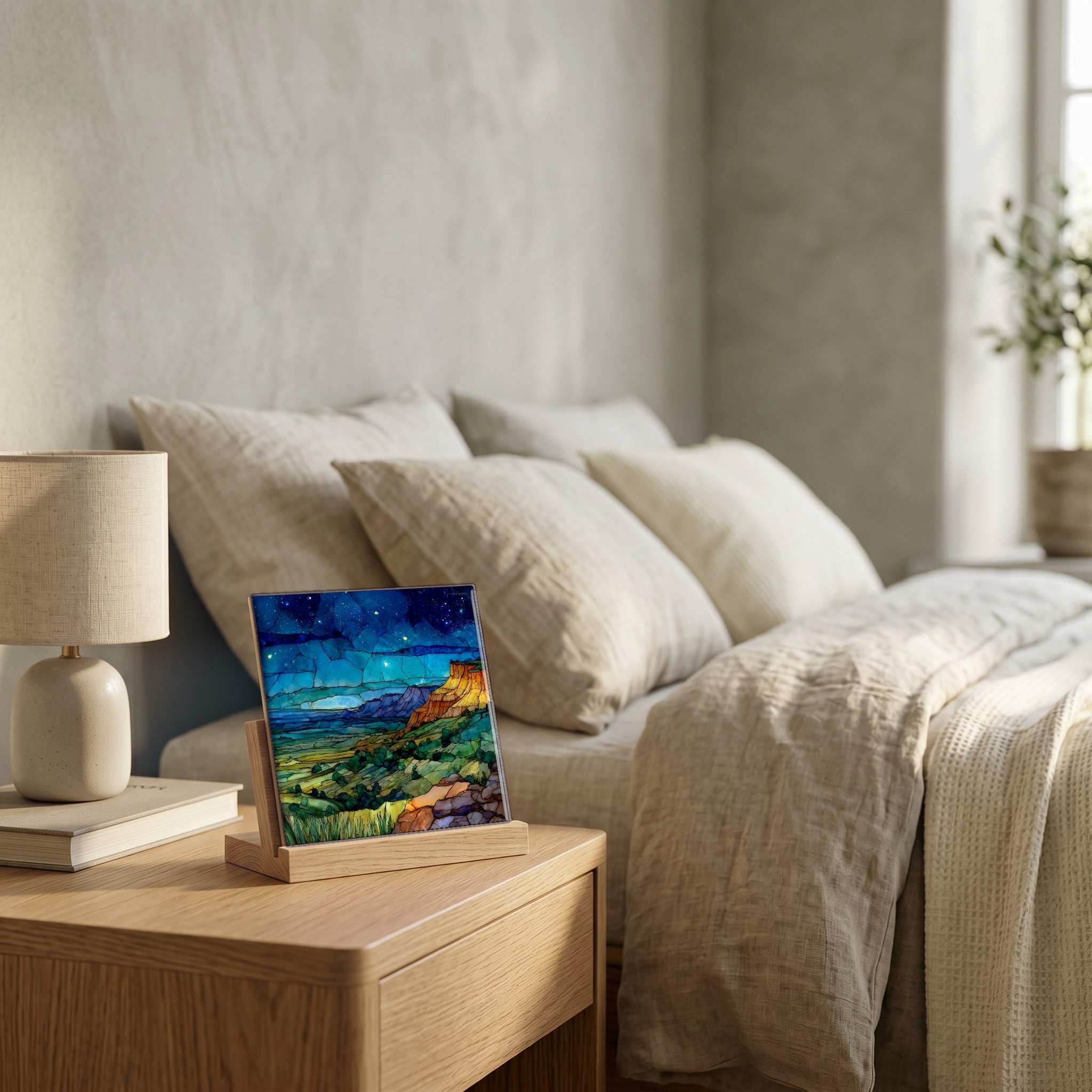 On the nightstand, catching the morning.