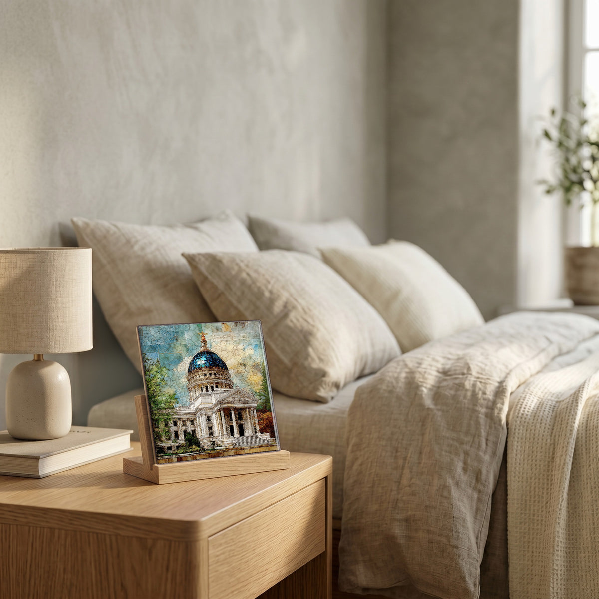 On the nightstand, catching the morning.