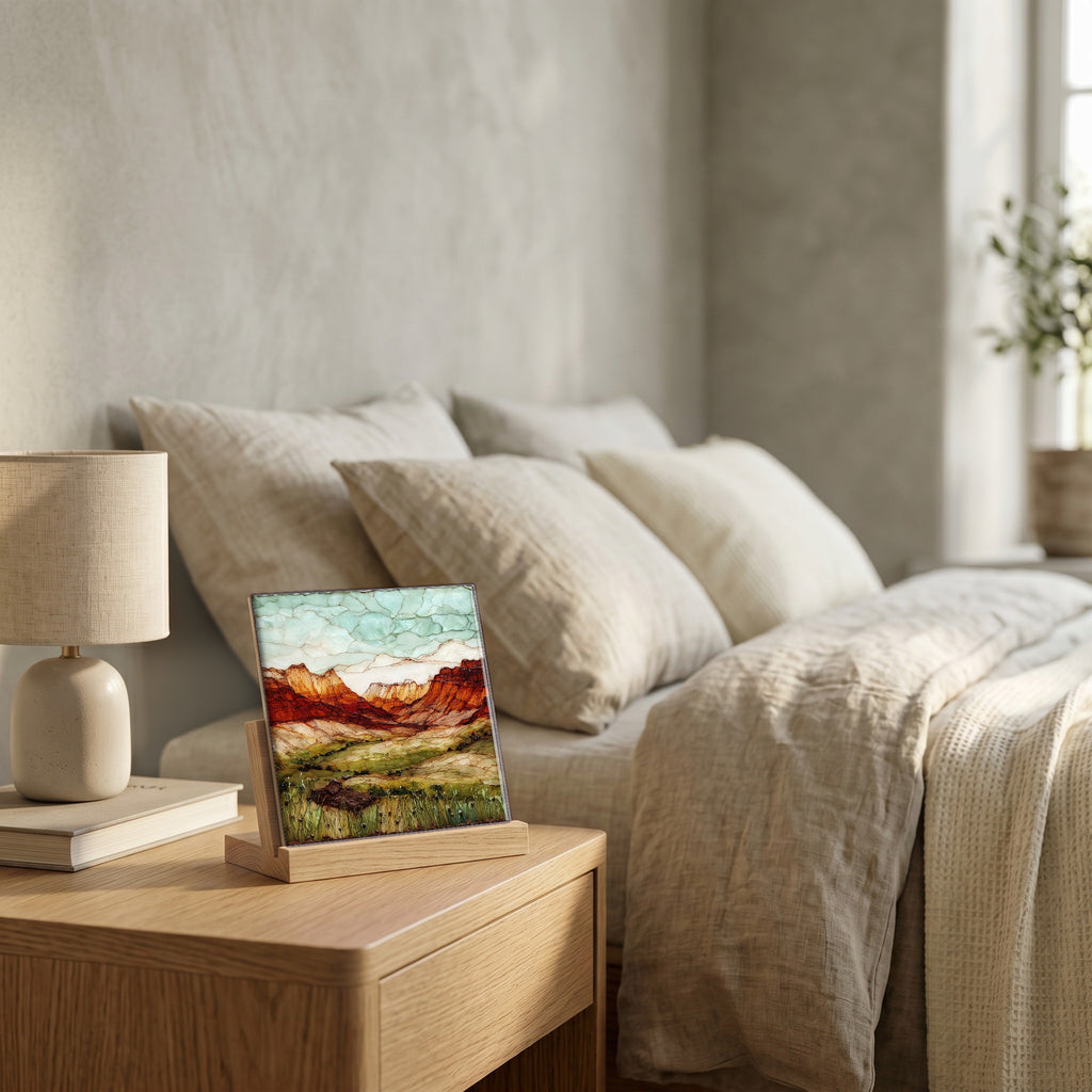On the nightstand, catching the morning.