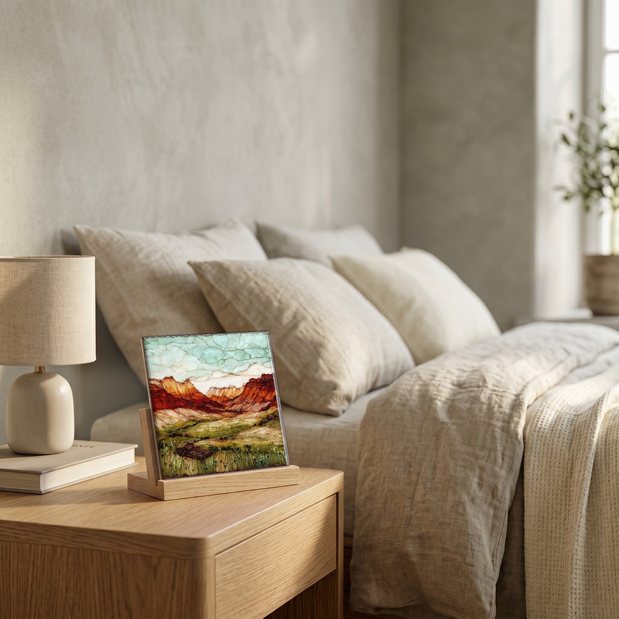 On the nightstand, catching the morning.
