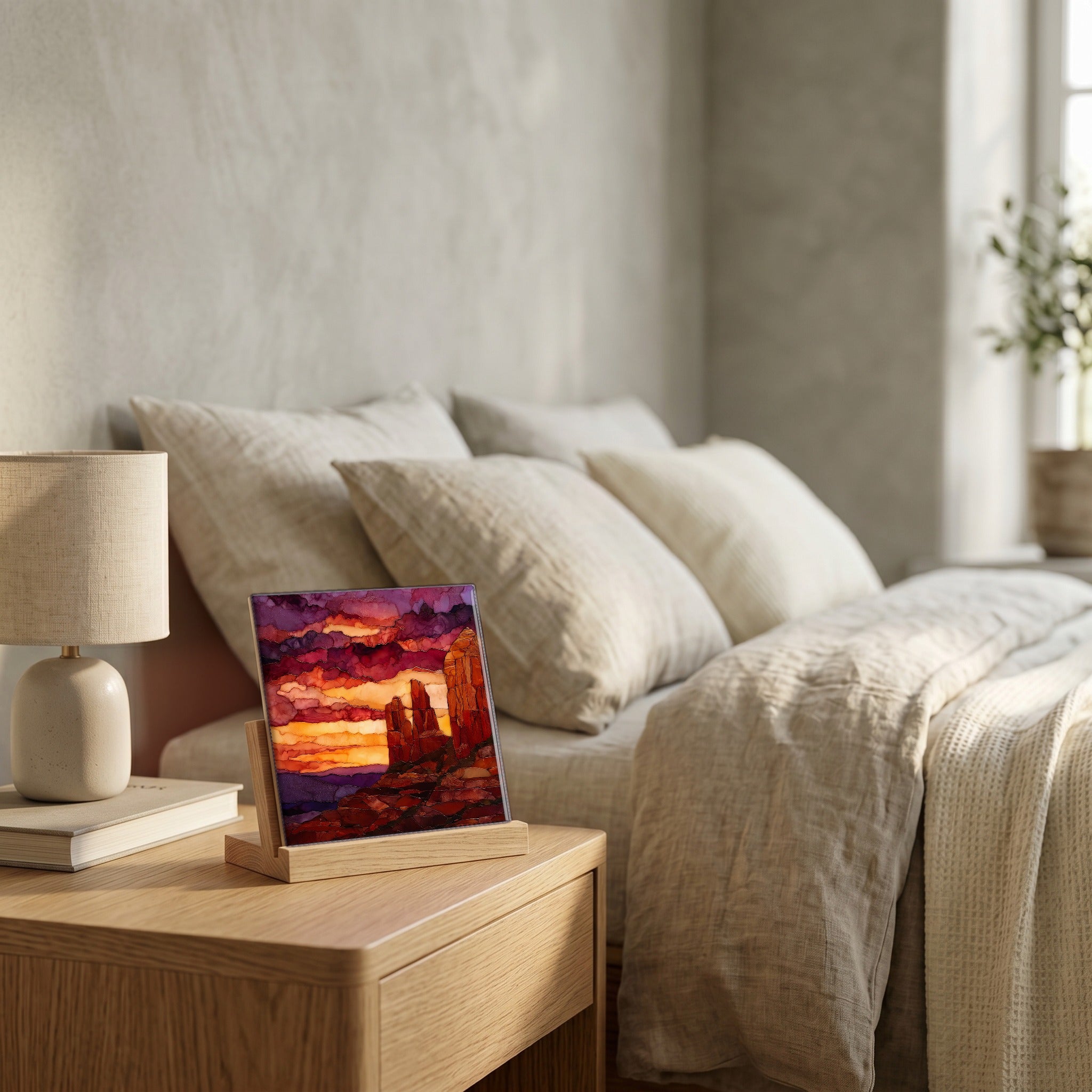 On the nightstand, catching the morning.