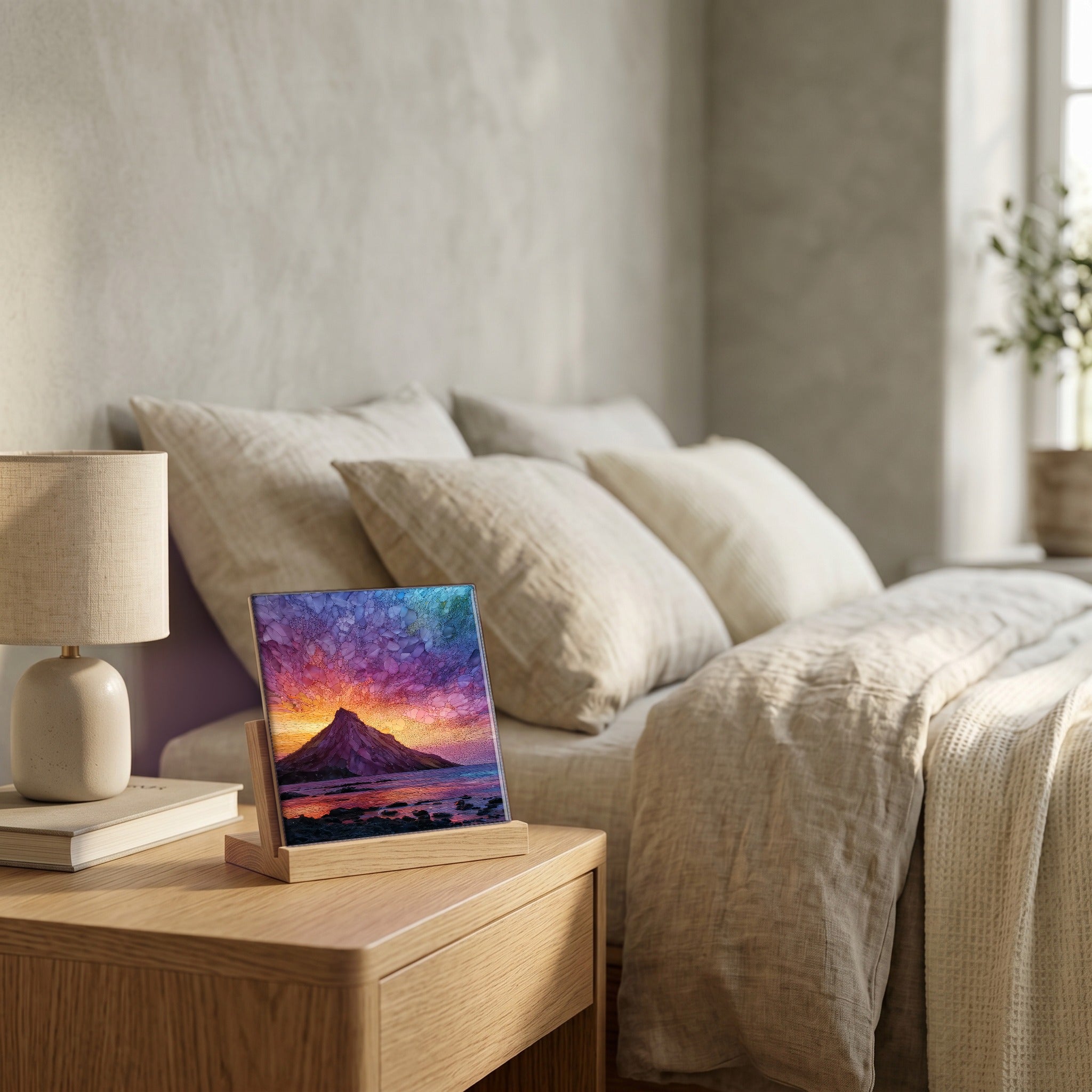 On the nightstand, on a light oak stand.