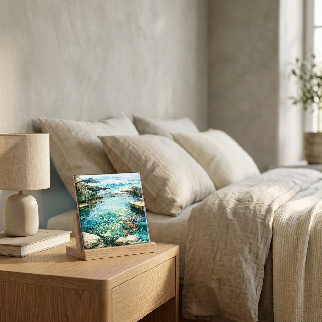 On the nightstand, catching the morning.