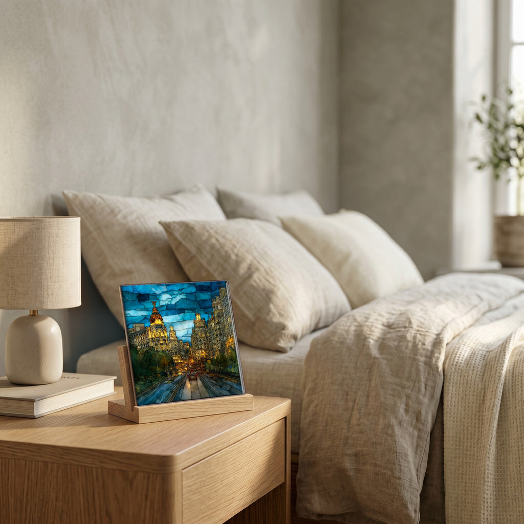 On the nightstand, catching the morning.
