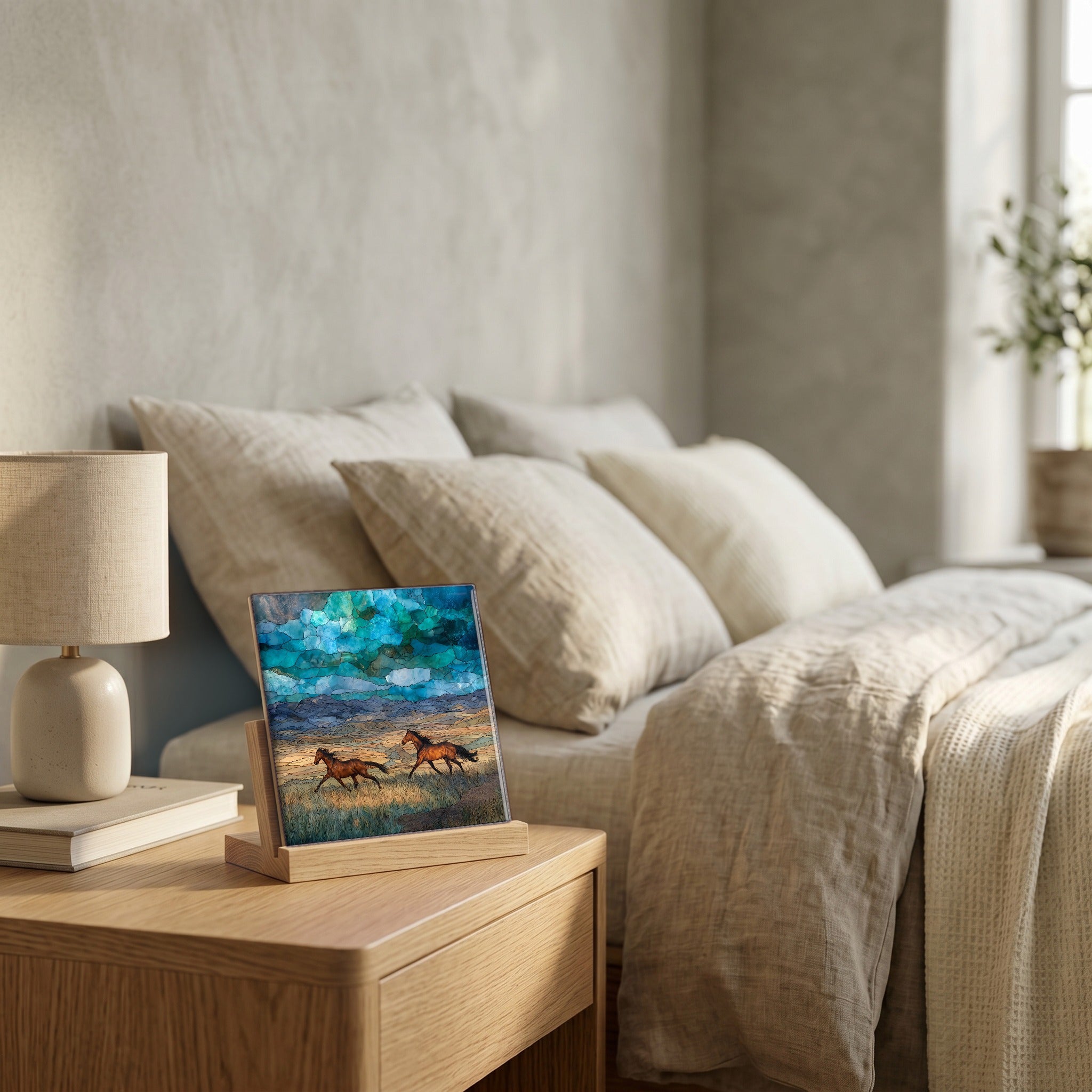 On the nightstand, catching the morning.