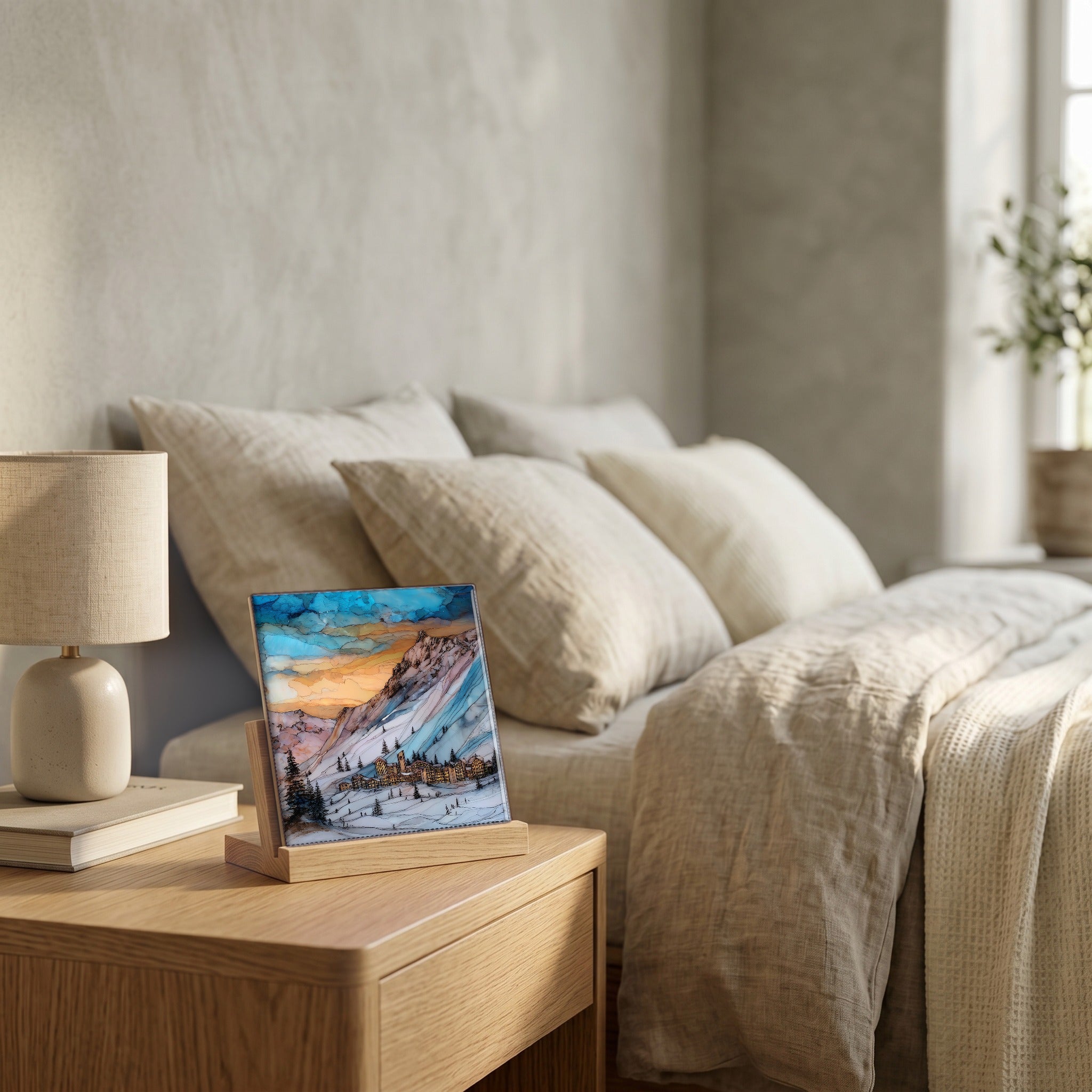 On the nightstand, on a light oak stand.