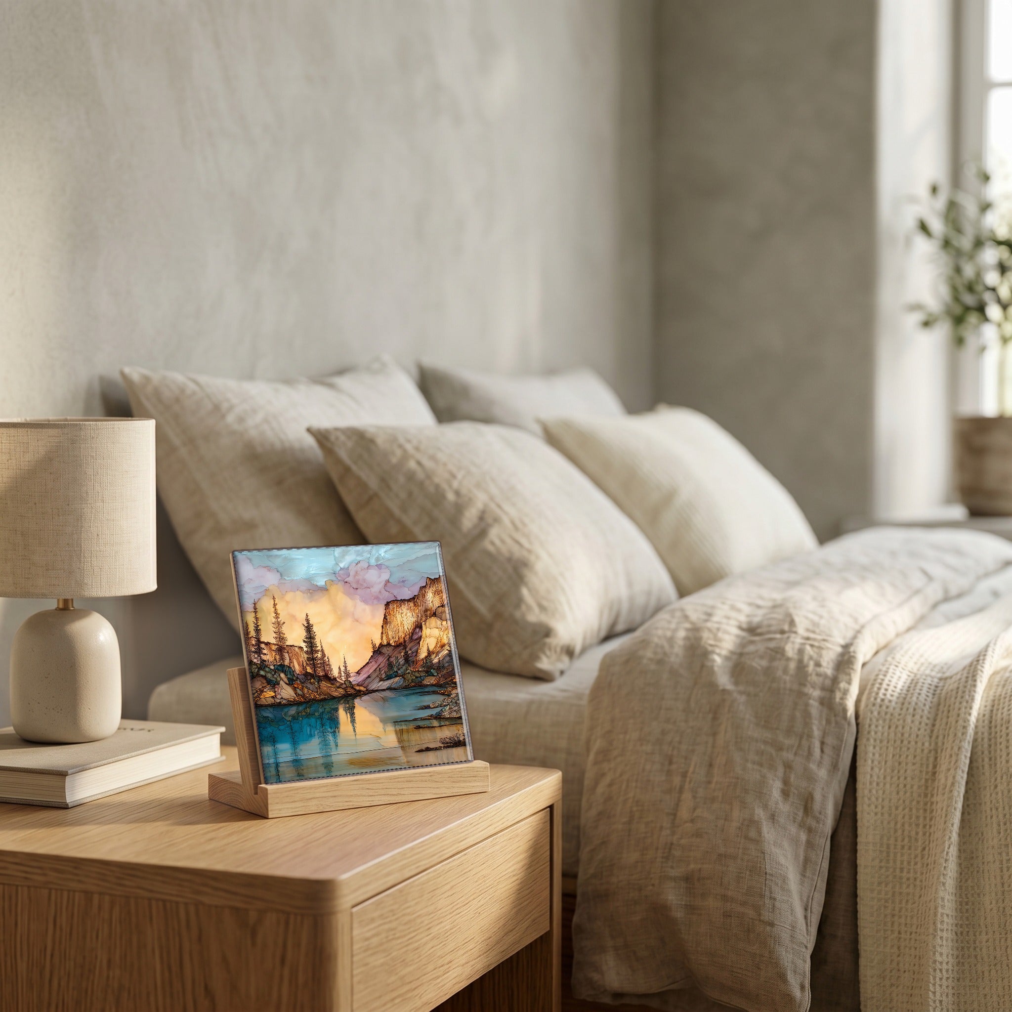 On the nightstand, on a light oak stand.