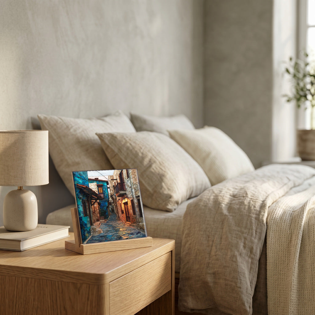 On the nightstand, catching the morning.