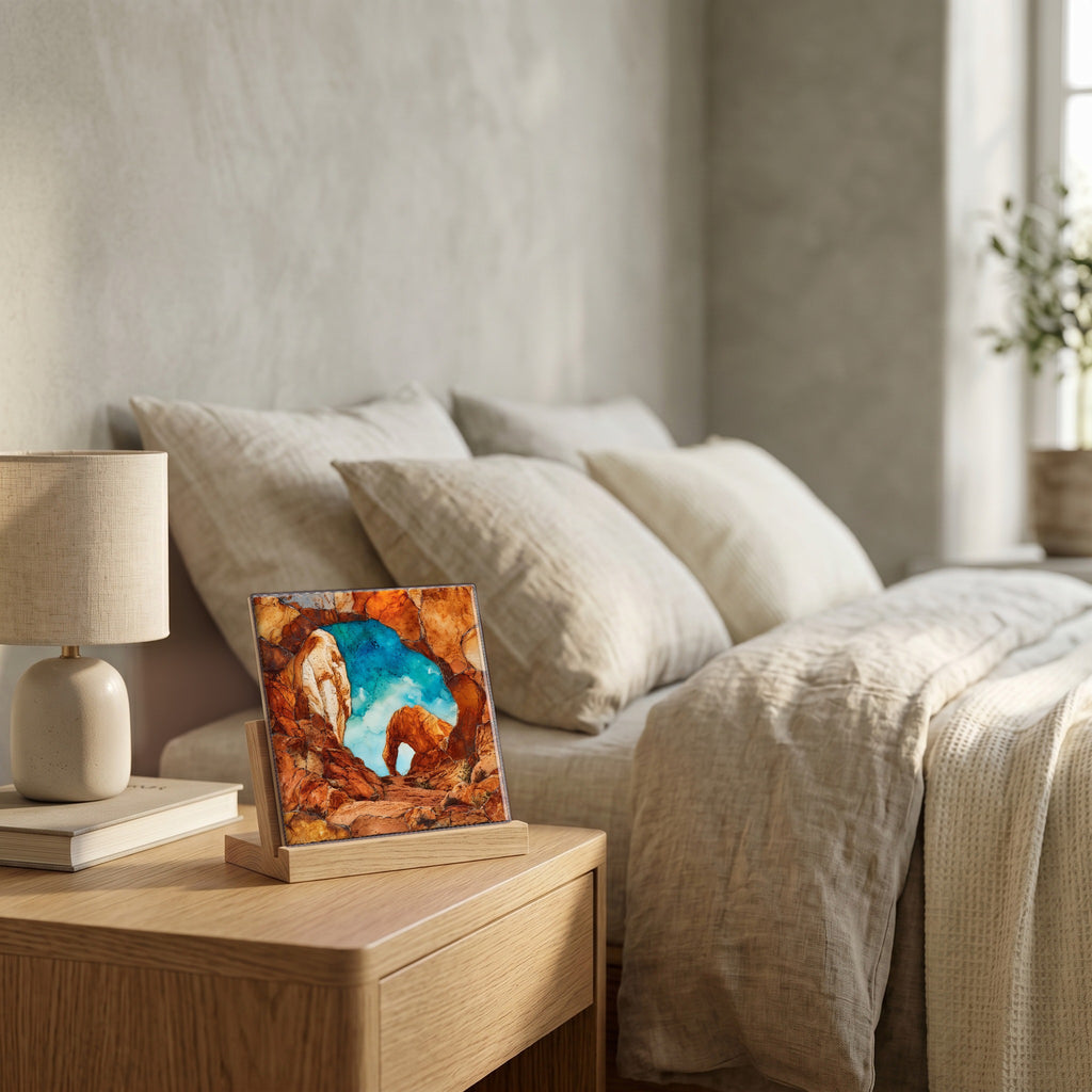 On the nightstand, catching the morning.