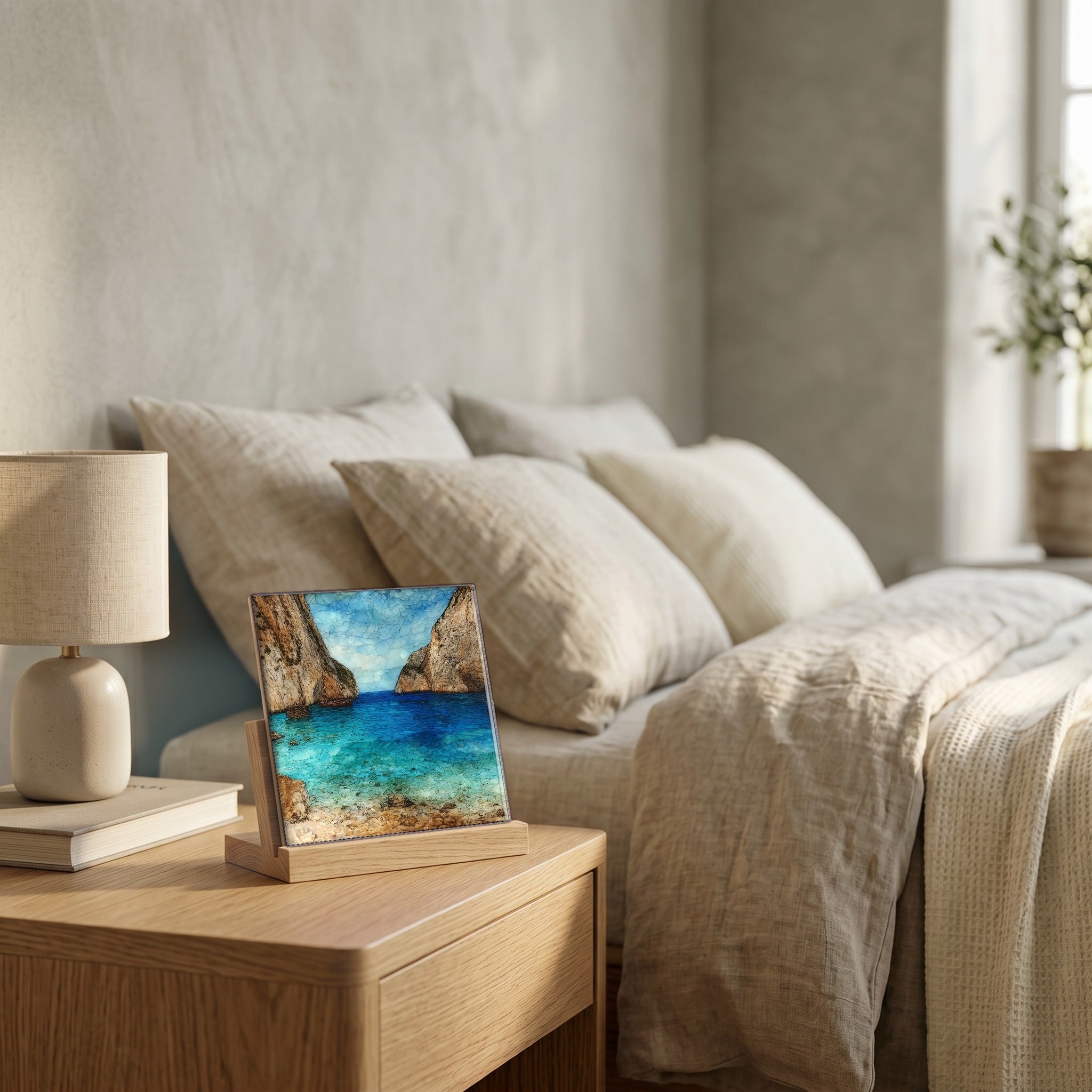 On the nightstand, catching the morning.
