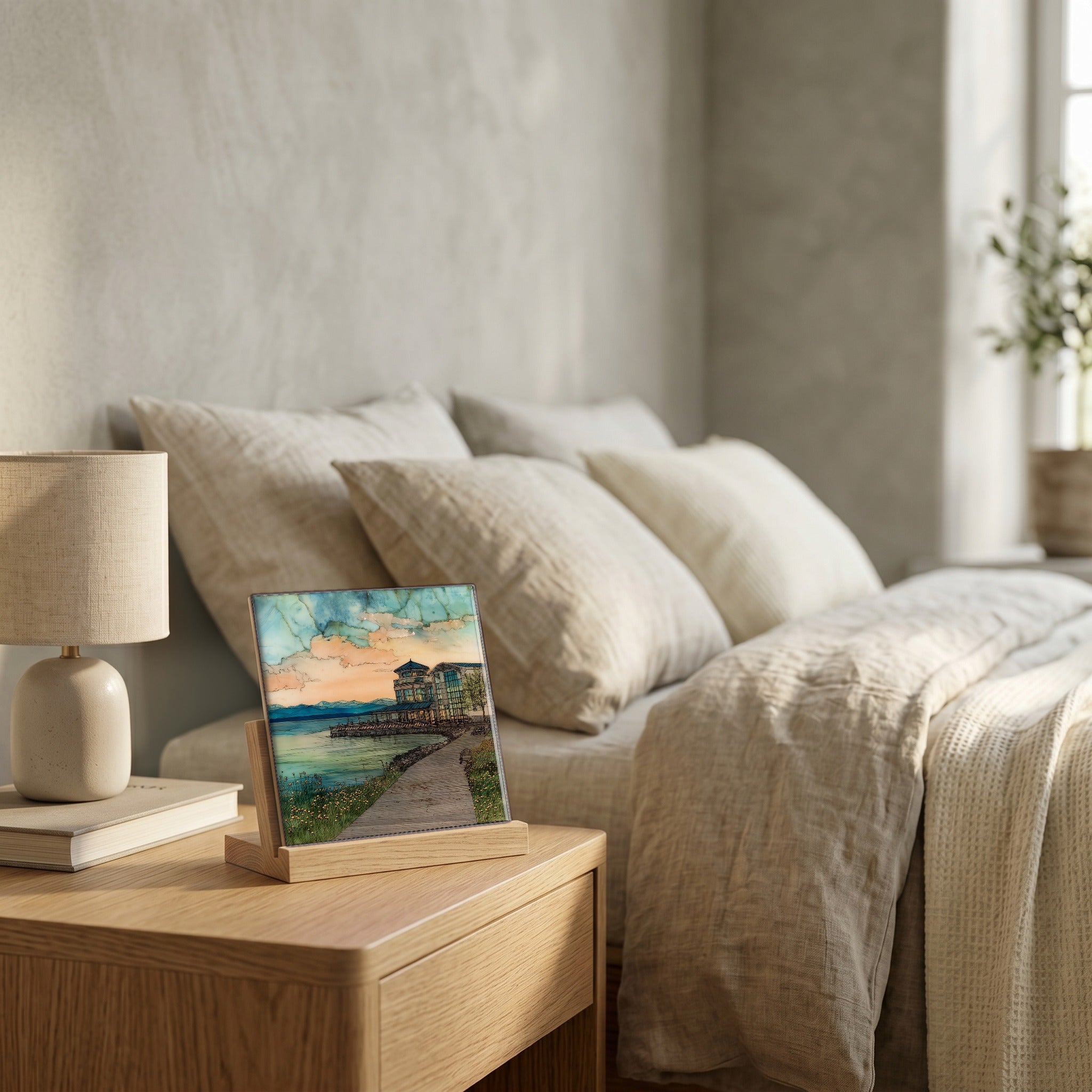 On the nightstand, catching the morning.