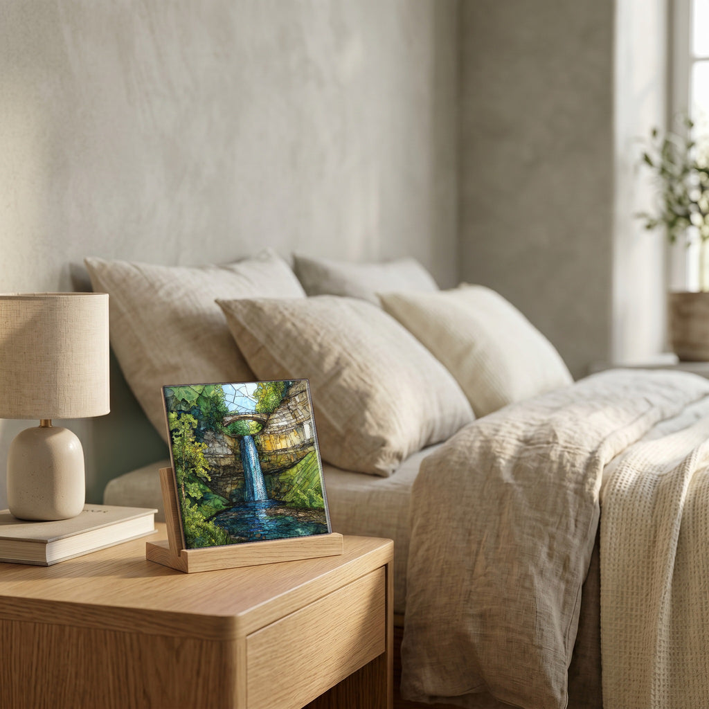 On the nightstand, catching the morning.