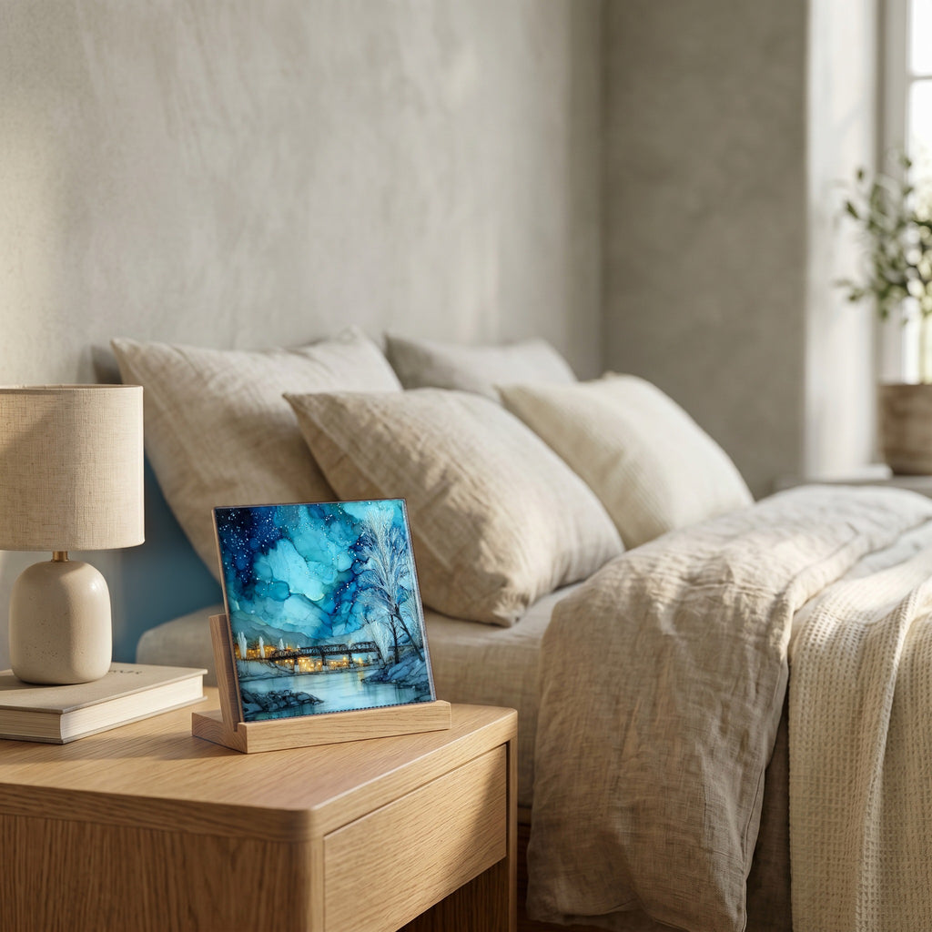 On the nightstand, catching the morning.