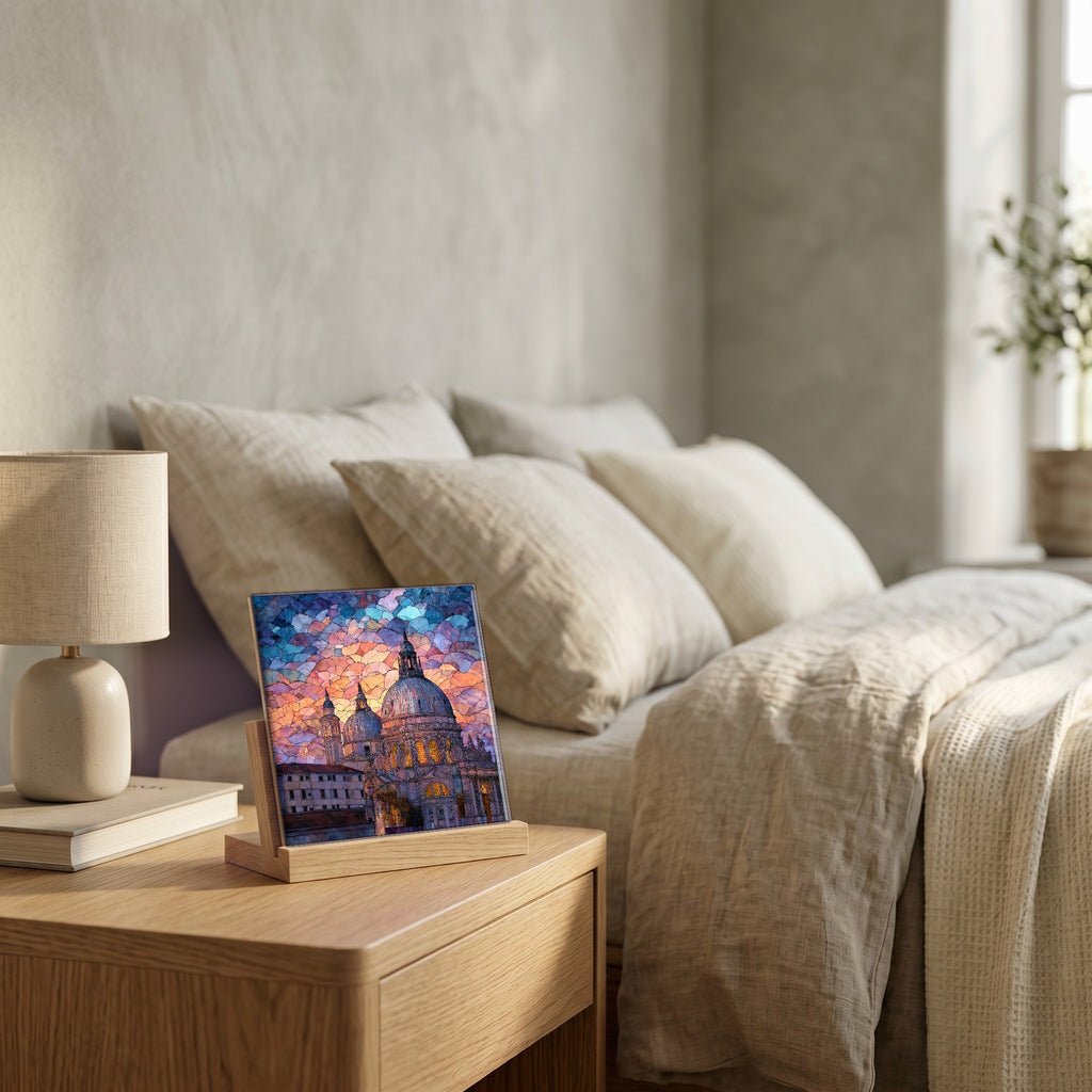 On the nightstand, on a light oak stand.