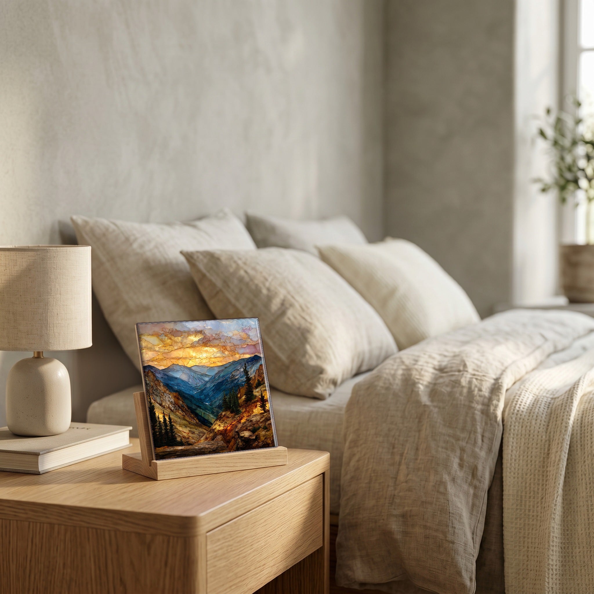 On the nightstand, on a light oak stand.
